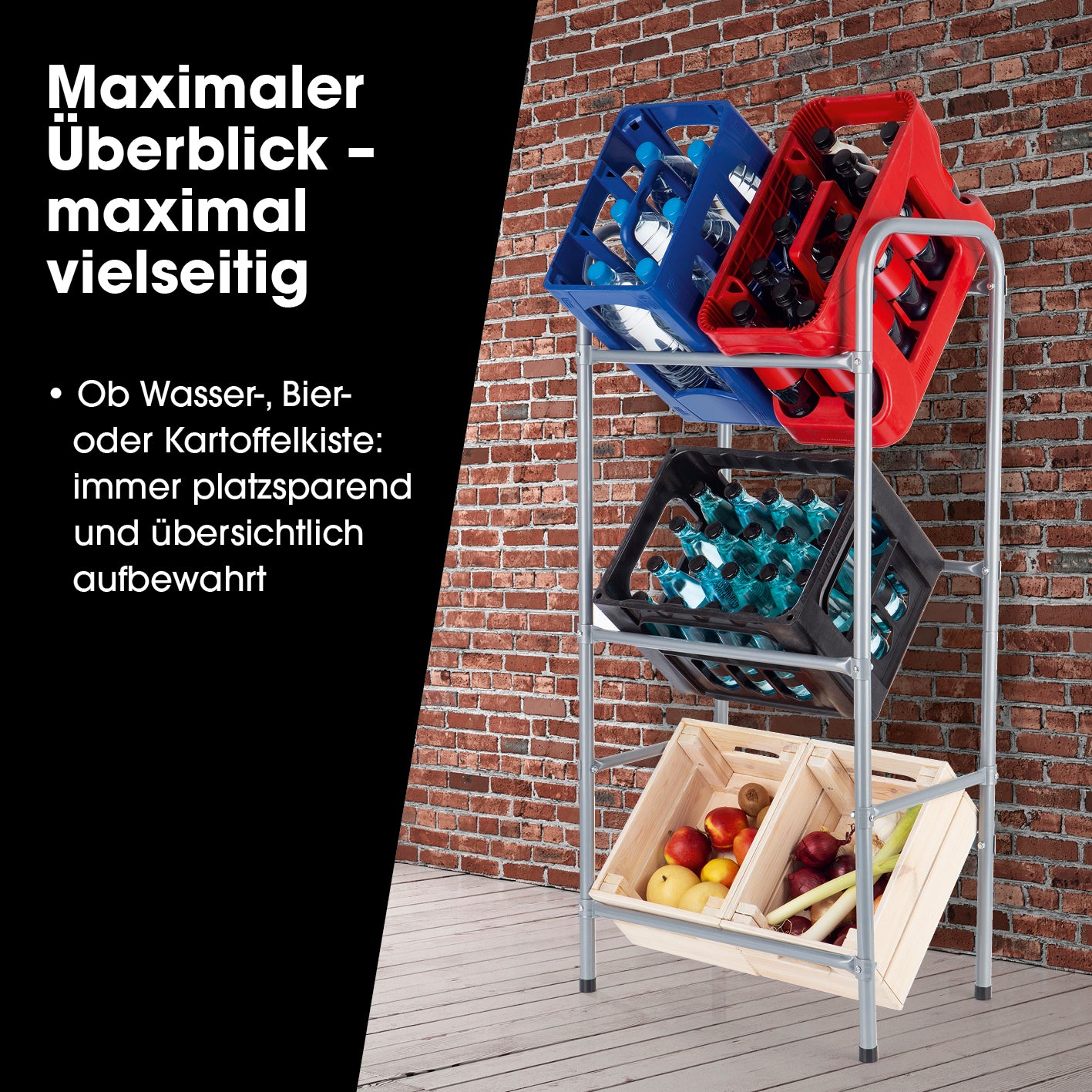 Metall Getränkekisten-Regal für 3 Kisten - 127x50x34 cm, platzsparend, stabile Konstruktion, horizontale und vertikale Lagerung.