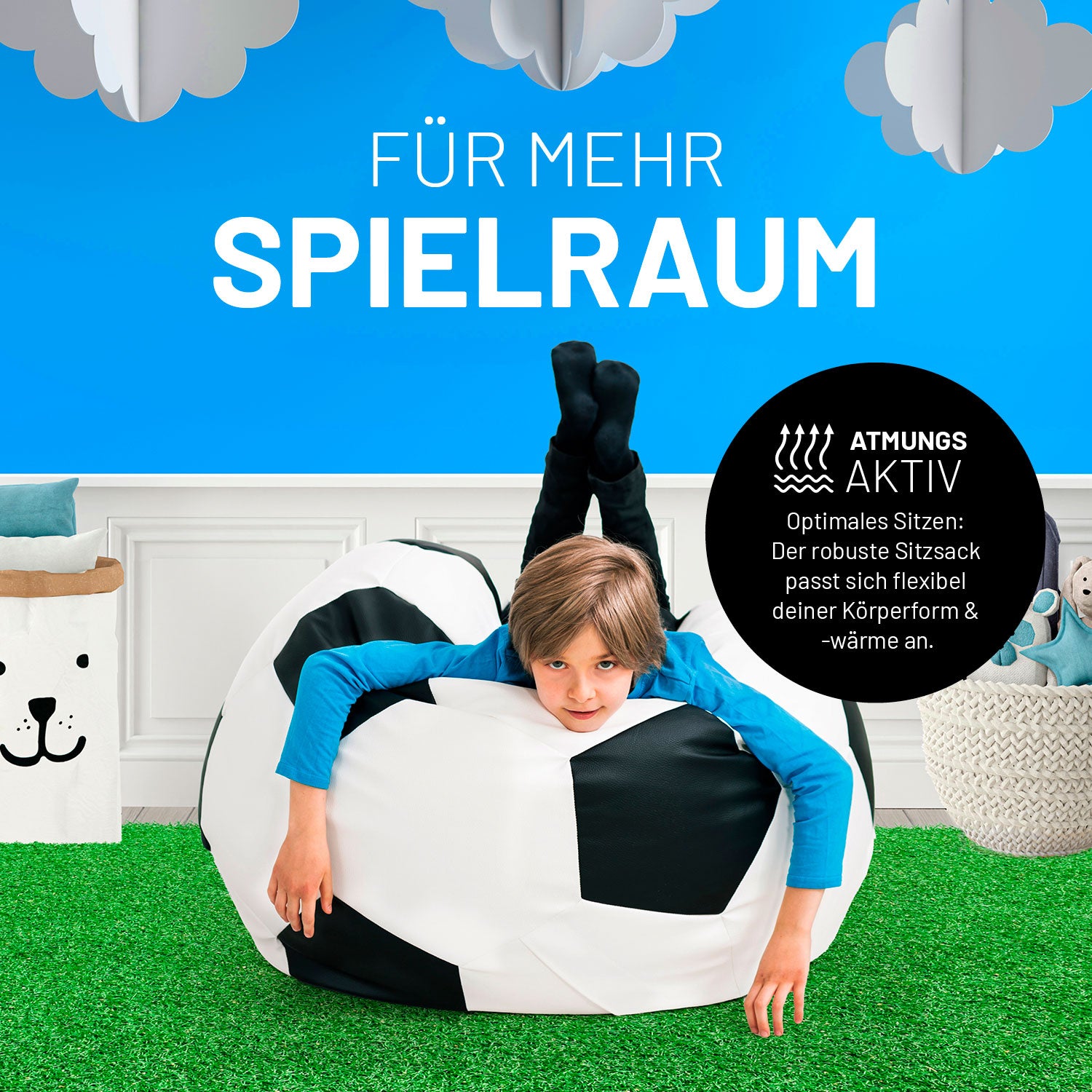 Luxury Fußball Sitzsack (170 L) – bequemer, robuster Sitzsack in Fußball-Design für drinnen und draußen.