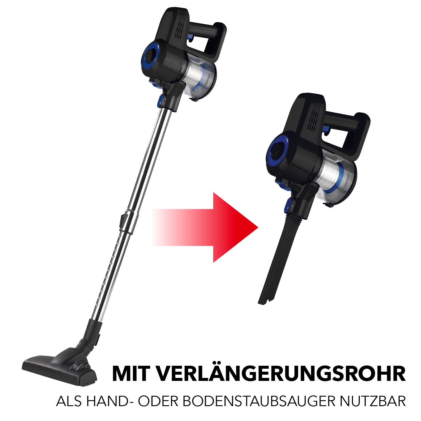 Zyklon-Staubsauger - schwarz/blau mit verstellbarem Teleskoprohr, vielseitigen Düsen und leicht entleerbarem Staubbehälter.