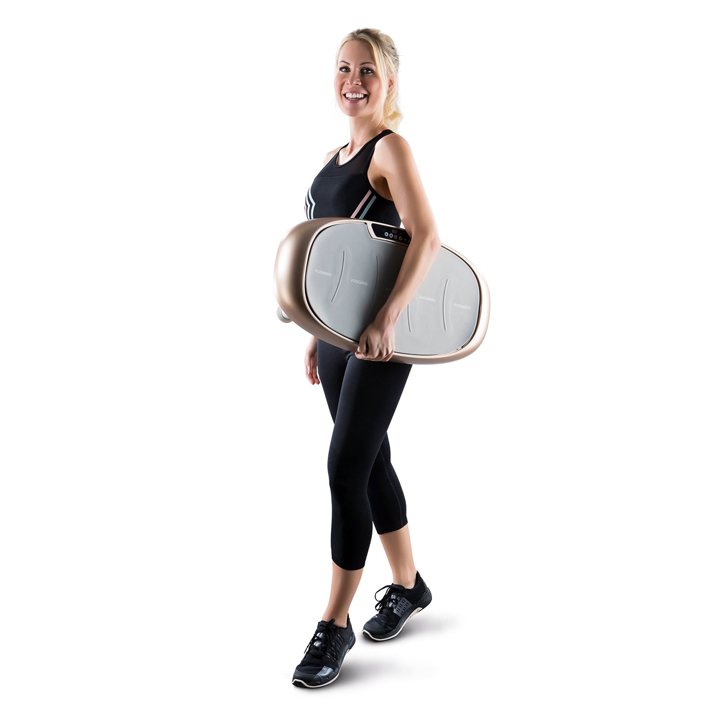 Frau trägt Vibrationstrainer - Champagner/Grau mit 30 Vibrationsstufen und Expanderbändern, ideal für individuelles Training.