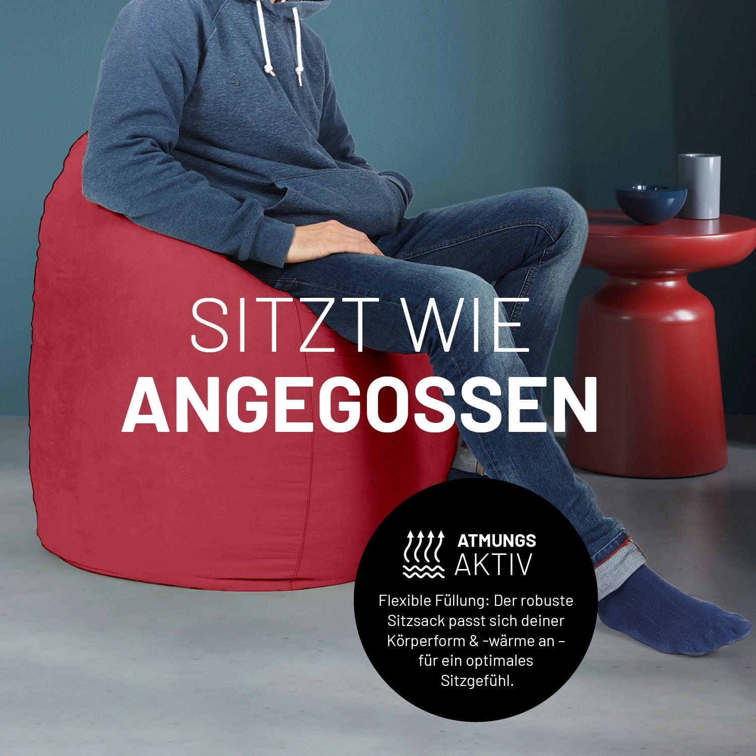 Luxury XL Sitzsack (120 L) - indoor - Rot – bequemer roter Sitzsack, passt sich Körperform flexibel an für optimales Sitzgefühl.