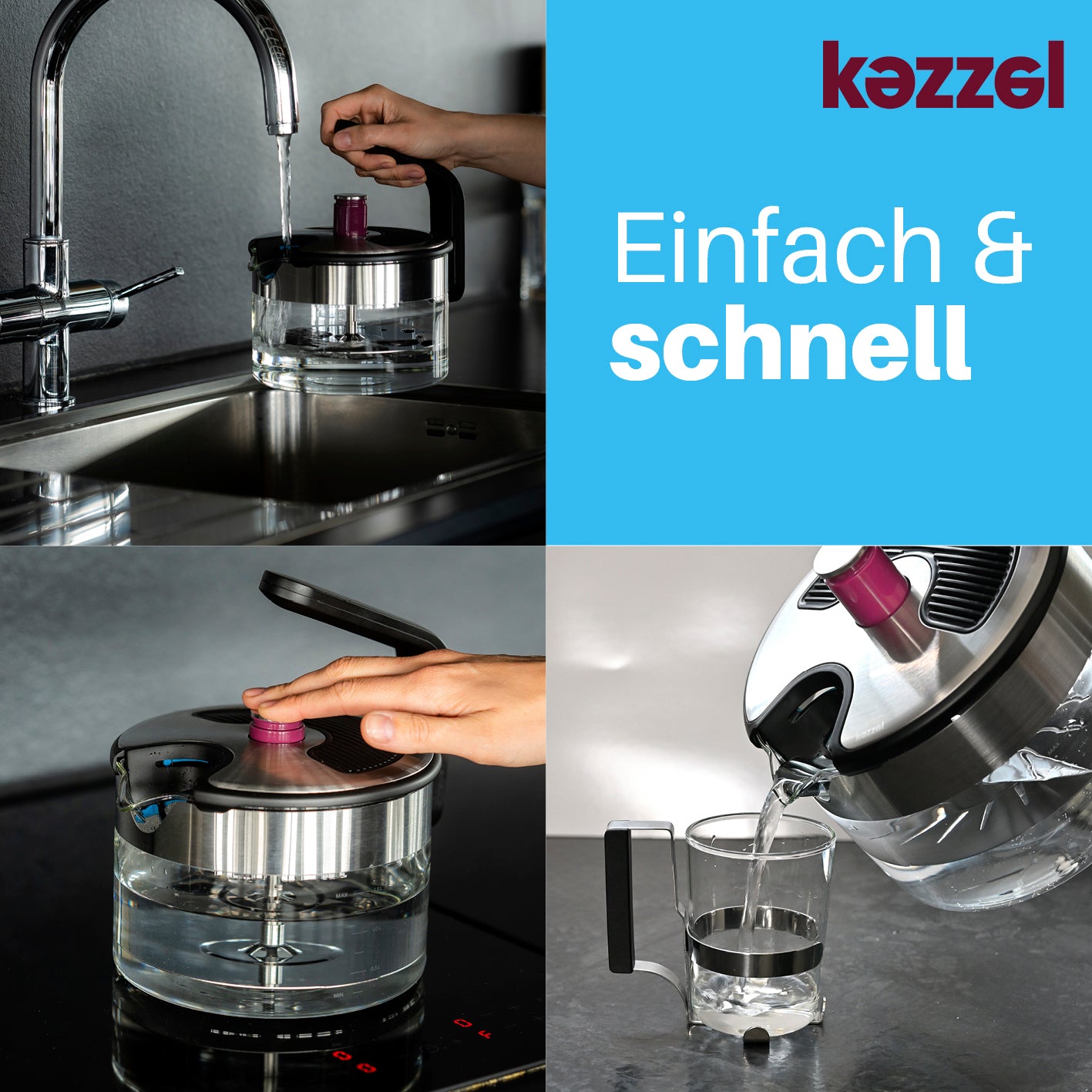 Wasserkessel für Induktionsherde 1,5 Liter mit automatischer Abschaltung, nachhaltigem Design und spülmaschinenfestem Glasbehälter.
