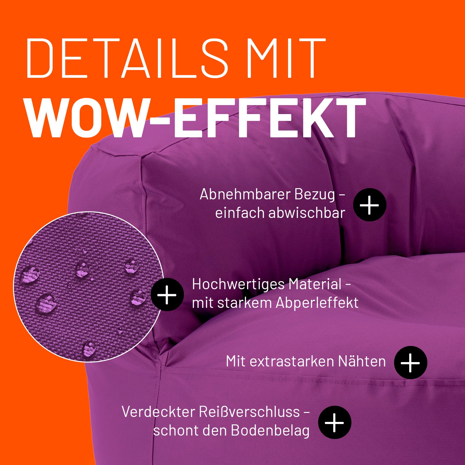 Sitzsack Lounge (320 L) Lila mit abnehmbarem Bezug, starkem Abperleffekt, extrastarken Nähten und verdecktem Reißverschluss.