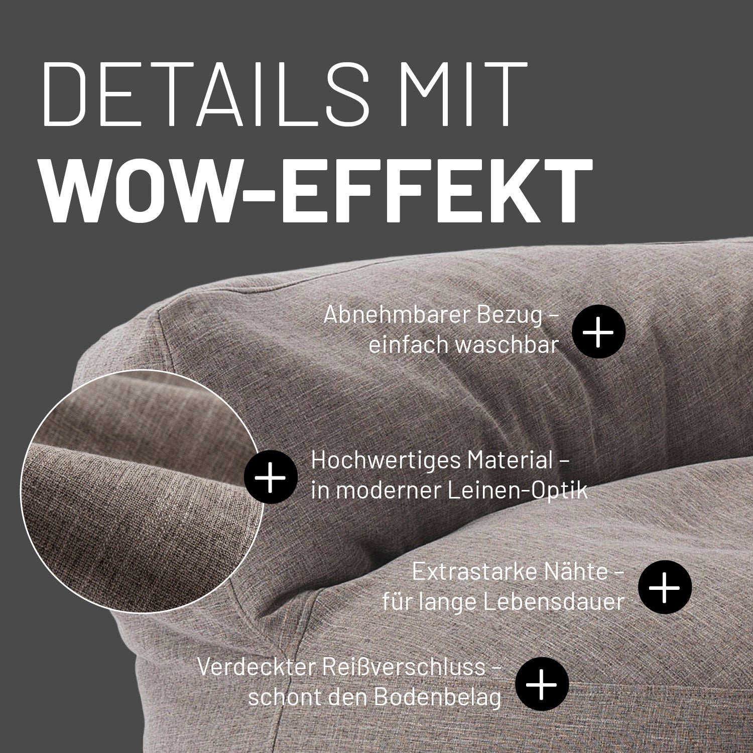 Interior Line Sitzsack-Lounge (320 L) Hellgrau mit abnehmbarem Bezug, Leinen-Optik, extra starken Nähten und verdecktem Reißverschluss.