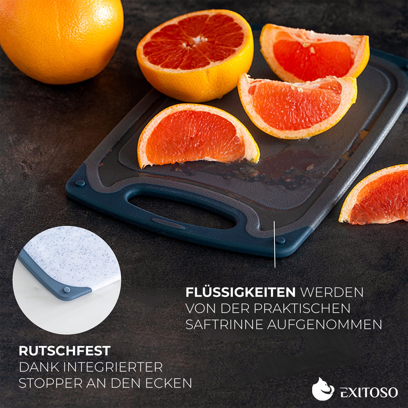 Frühstücksbrettchen - 3er-Set - Marmoroptik Weiß mit rutschfestem Griff und Saftrinne zum Auffangen von Flüssigkeiten beim Schneiden.