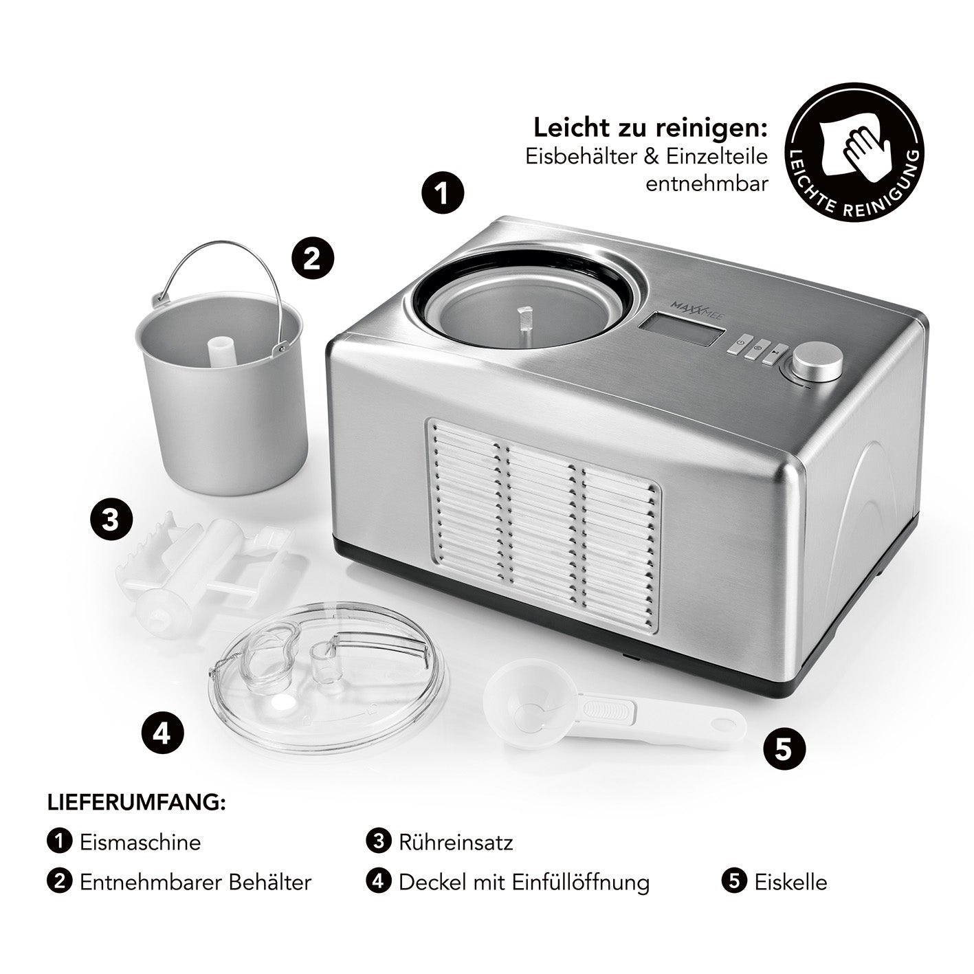 Eismaschine - Zubereitung von bis zu 1,5 l Milcheis, Fruchteis & Co. aus Edelstahl mit digitalem Timer und leicht zu reinigenden Teilen.