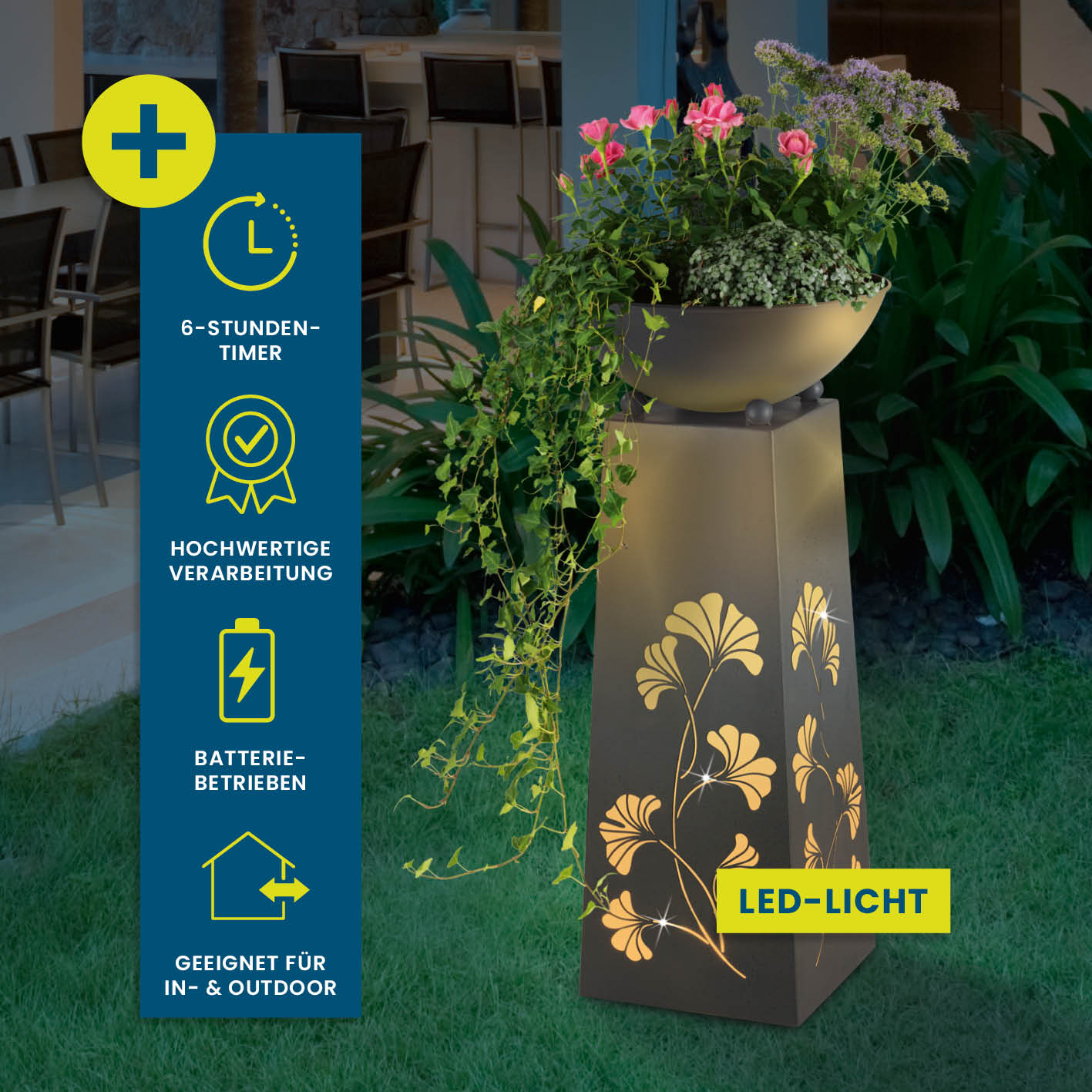 LED Pflanzsäule in Beton-Optik - 23 x 23 x 70 cm mit Gingkoblätter-Design, LED-Beleuchtung, Batteriebetrieb und abnehmbarer Pflanzschale.