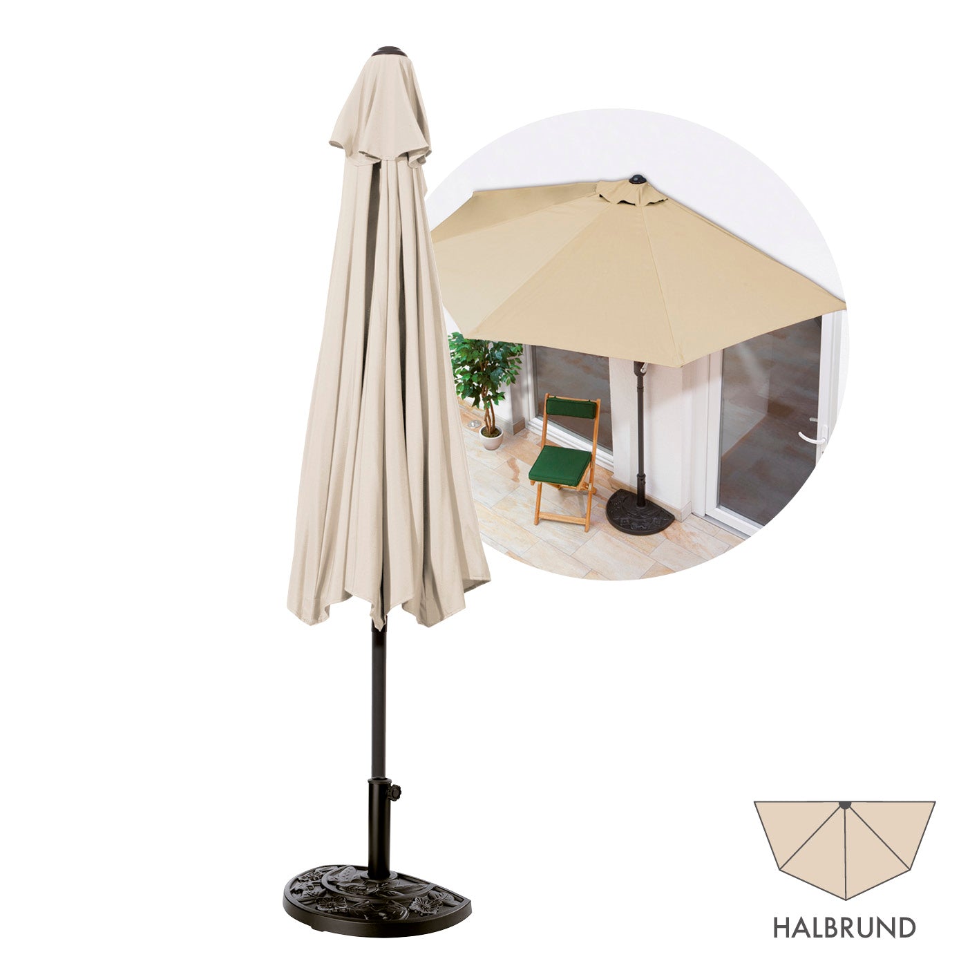 Sonnenschirm mit UV-Schutz mit Sonnenschirmfuß - halbrund 270x140 cm - beige