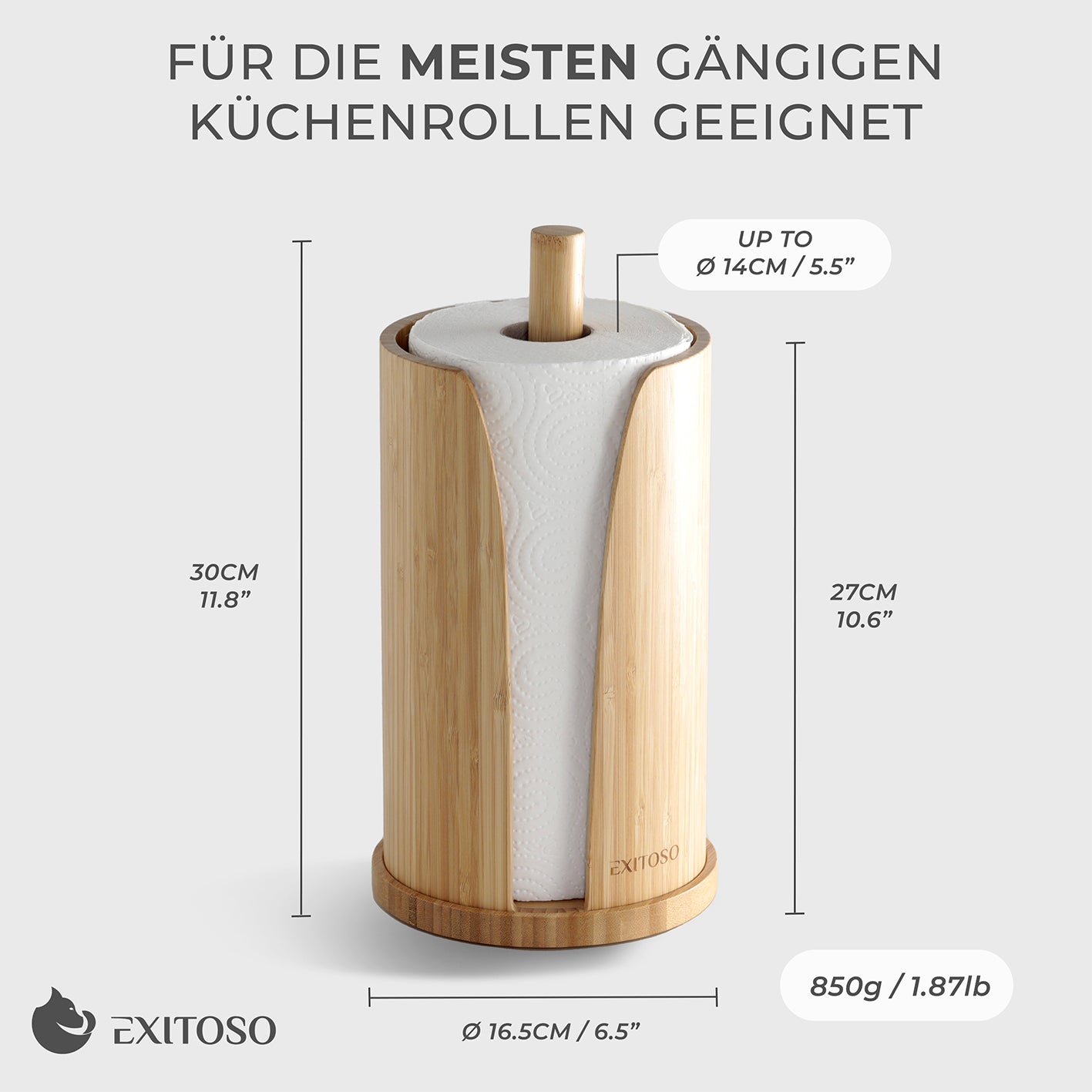 Küchenrollenhalter - Bambus - stehend, nachhaltiges Bambusdesign, platzsparend, langlebig und passend für Küchenrollen bis 14 cm Durchmesser.