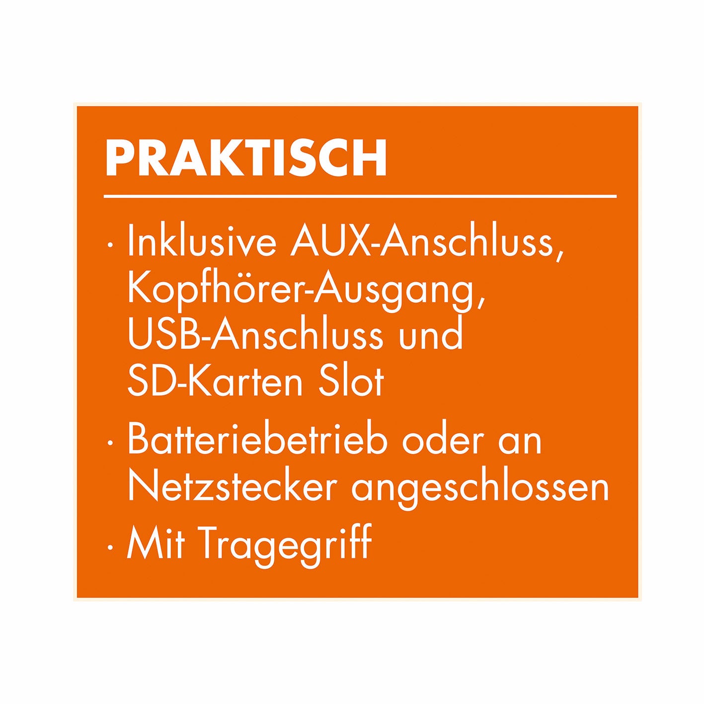 Retro-Radio - mint mit AUX-Anschluss, Kopfhörer-Ausgang, USB, SD-Karten Slot, batteriebetrieben, Netzstecker und Tragegriff.