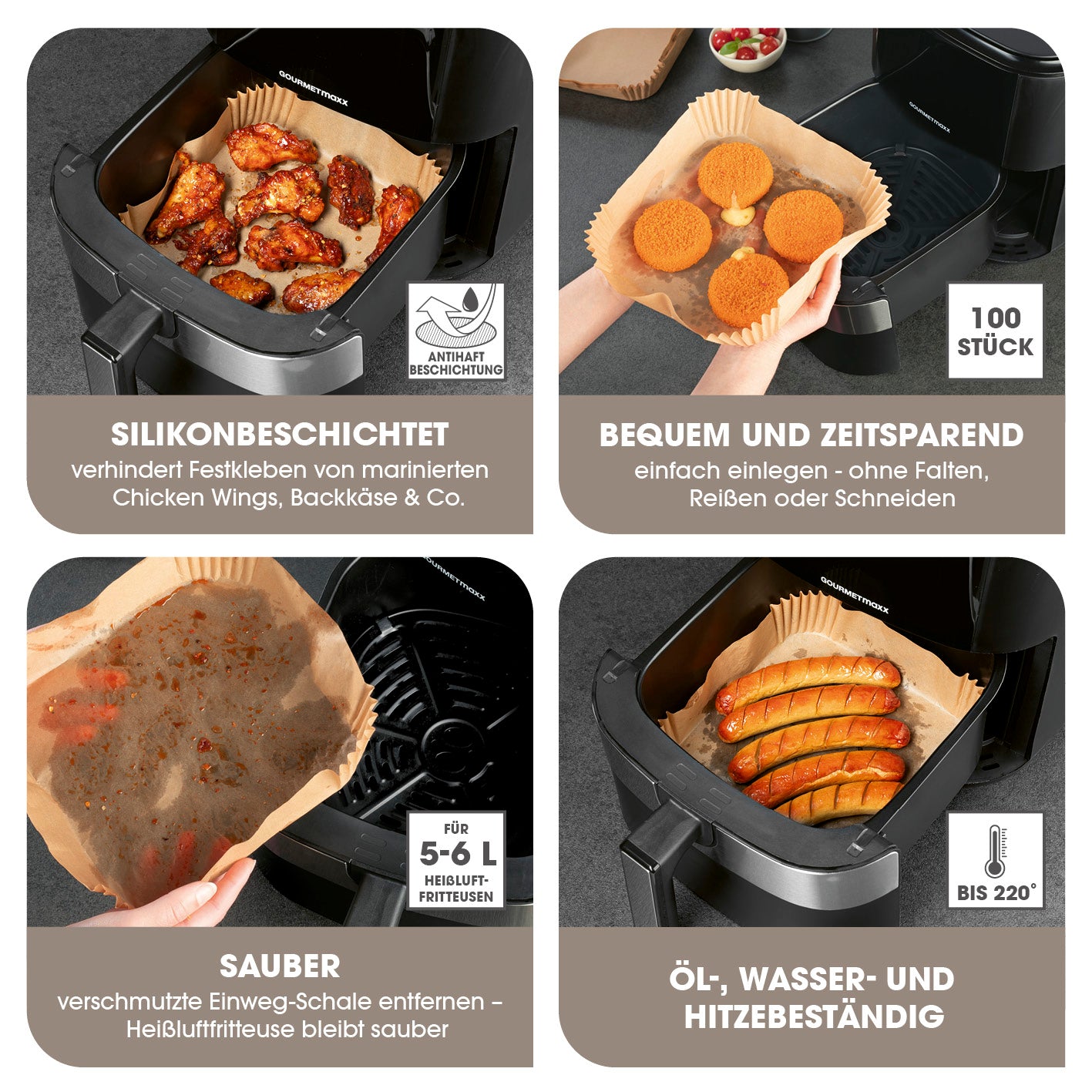 Backpapierschalen für Heißluftfritteusen (5–6 l) – 100 Stück, öl- und wasserbeständig, hitzebeständig bis 230°, mit Antihaftbeschichtung.