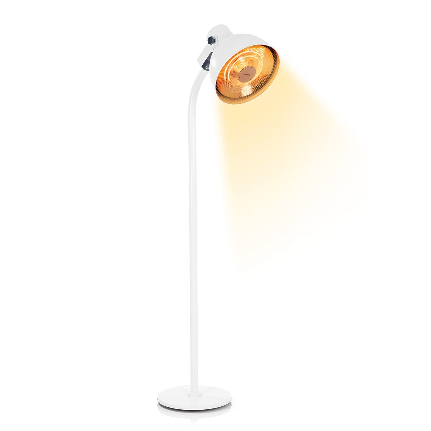 Infrarot-Heizstrahler mit Standfuß im Lampen-Design, 3 Heizstufen, Fernbedienung und verstellbarem Wärmespot.