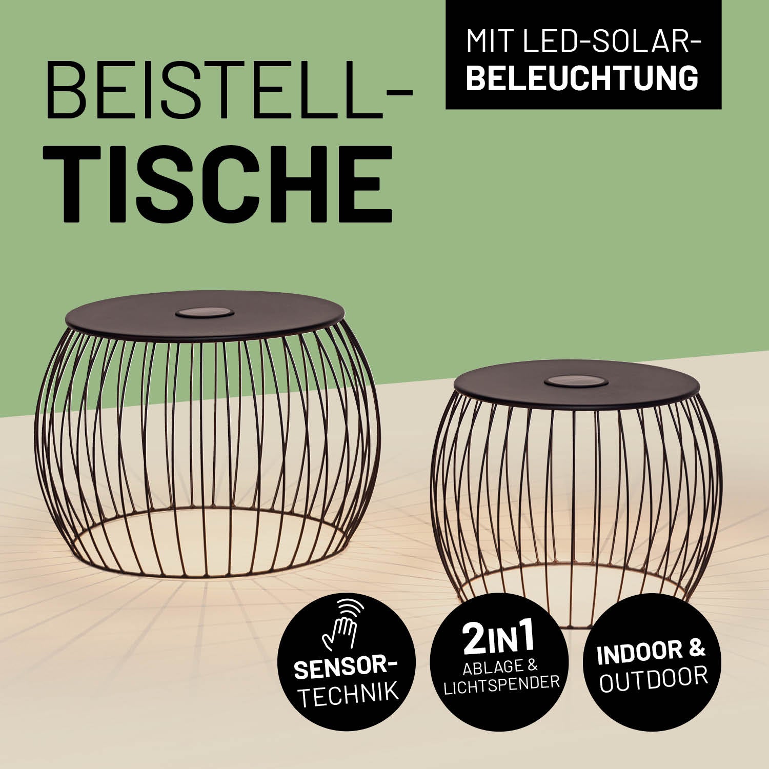 Beistelltisch - 2er-Set mit LED-Solarbeleuchtung, robustem Design, Sensor-technik, ideal für Indoor & Outdoor, stilvolle Ablage und Lichtspender.