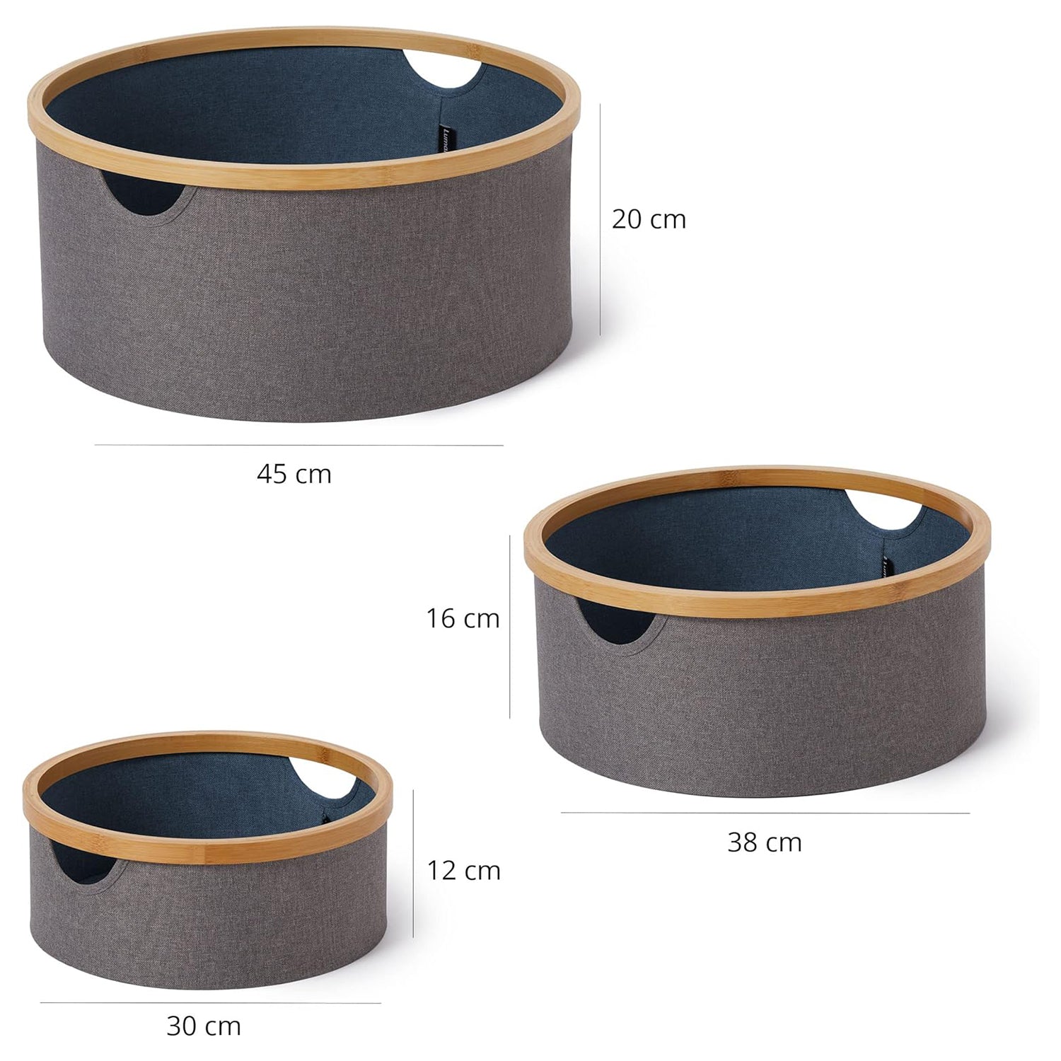 Bambus-Rahmen Aufbewahrungsbox rund - 3er-Set Grau/Braun mit drei Größen, stapelbar und aus Bambus-Holz gefertigt.