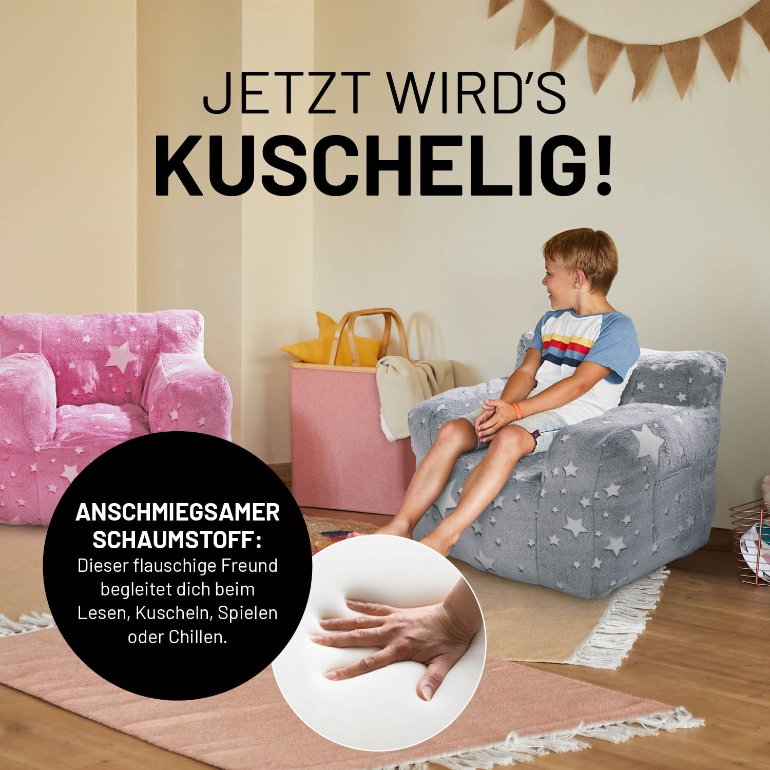 Sessel „Glow in the Dark“ - Grau mit leuchtendem Sternen-Design, weich und kuschelig, ideal zum Lesen und Chillen im Kinderzimmer.