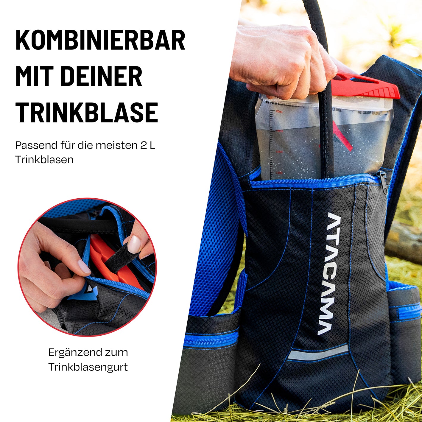 Trinkrucksack für 2 L Trinkblase - Blau, robust, leicht, wasserfest mit praktischem Fach für die Trinkblase und zusätzliche Taschen.