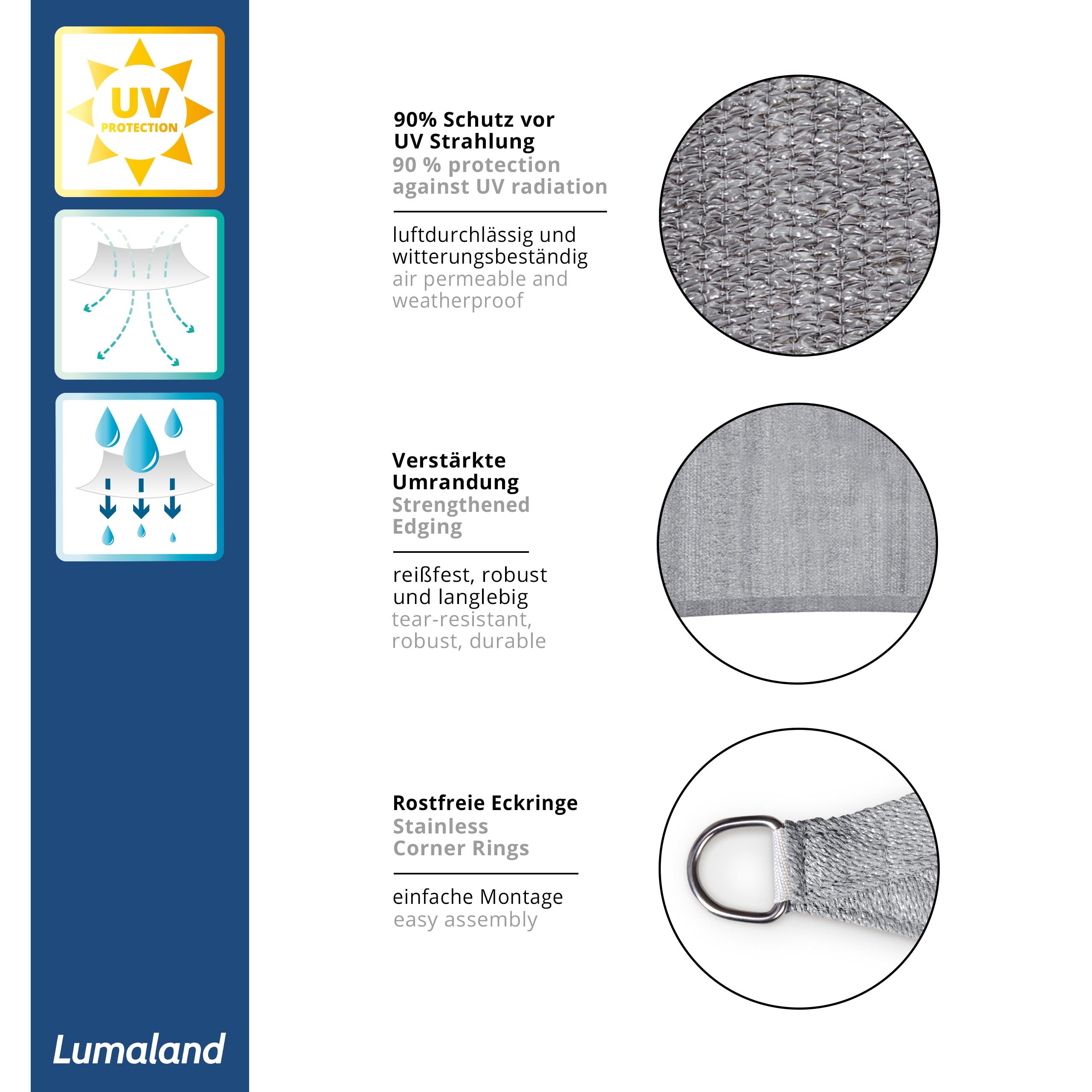 Sonnensegel 100% HDPE mit Stabilisator für UV-Schutz - Quadrat 4 x 4 Meter - Hellgrau, robust, atmungsaktiv, rostfreie Eckringe
