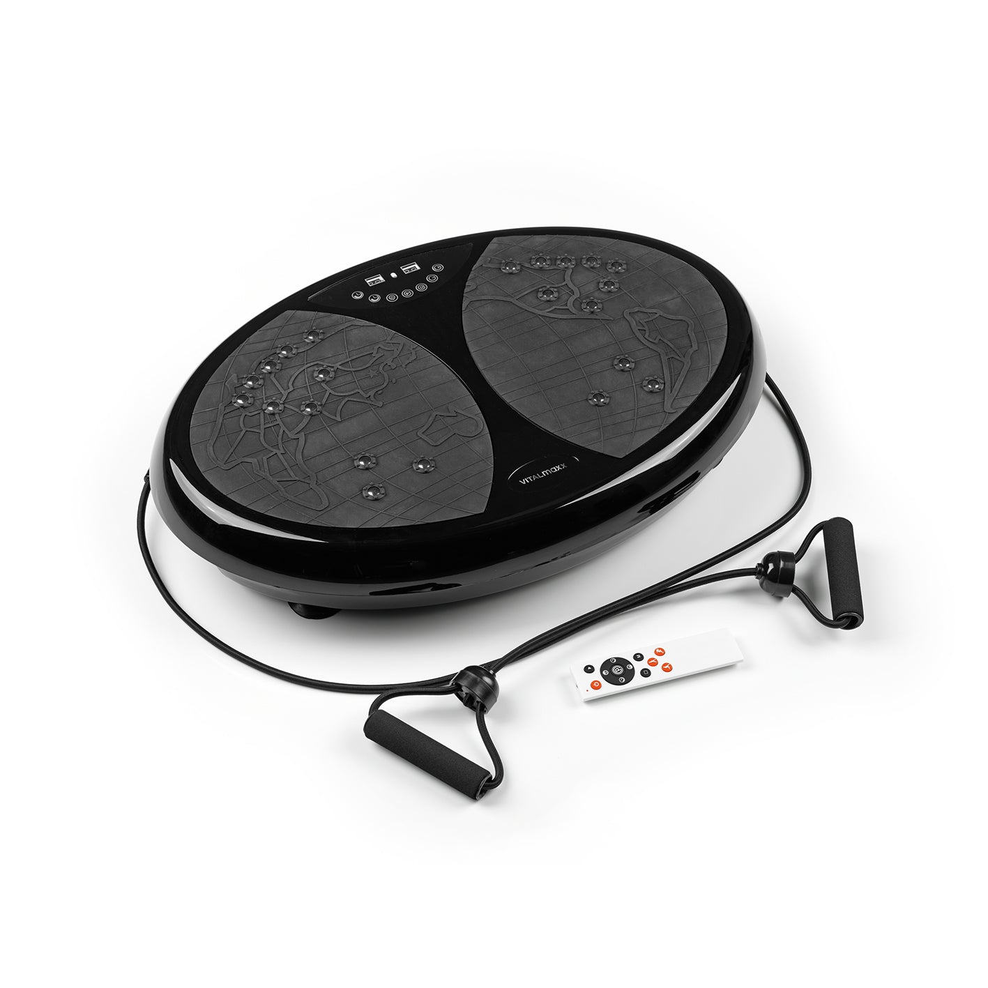 Vibrationstrainer mit rutschfester Fläche, Expanderbändern und Fernbedienung für vielseitiges Ganzkörpertraining zu Hause.