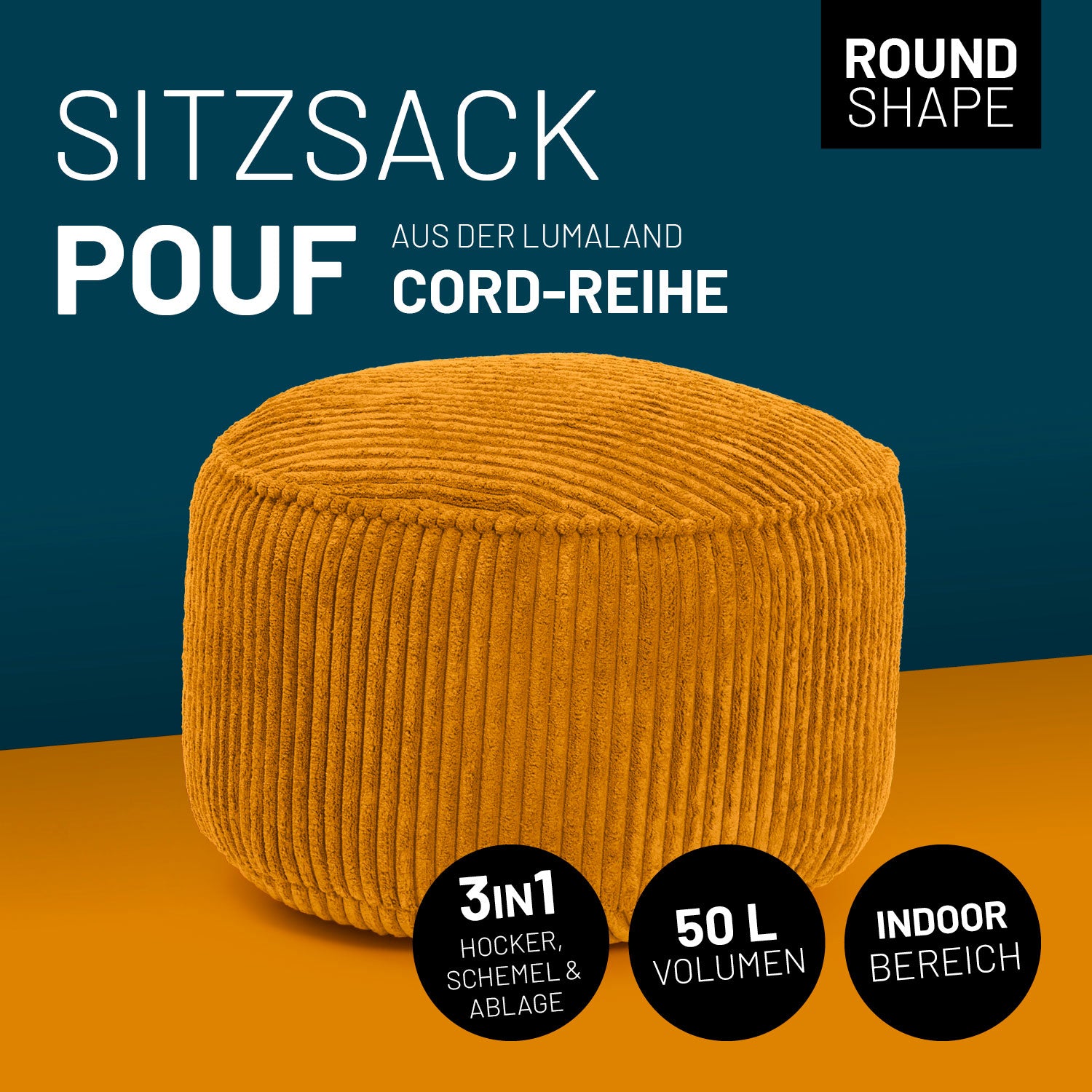 Sitzsack Pouf aus der Cord-Reihe - Senfgelb, runder Hocker mit 3in1-Funktion, 50L Volumen, Indoor, vintage Cord-Bezug