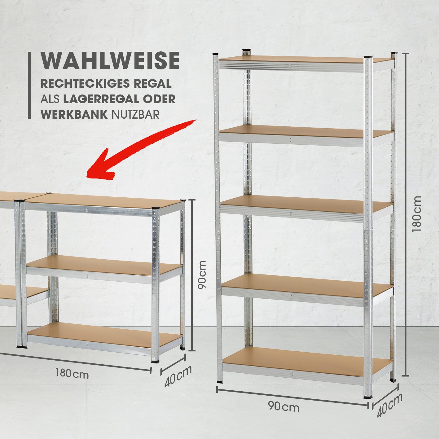 Schwerlastregal & Werkbank - 180 x 90 x 40 cm - 875 kg Traglast, 175 kg pro Ebene