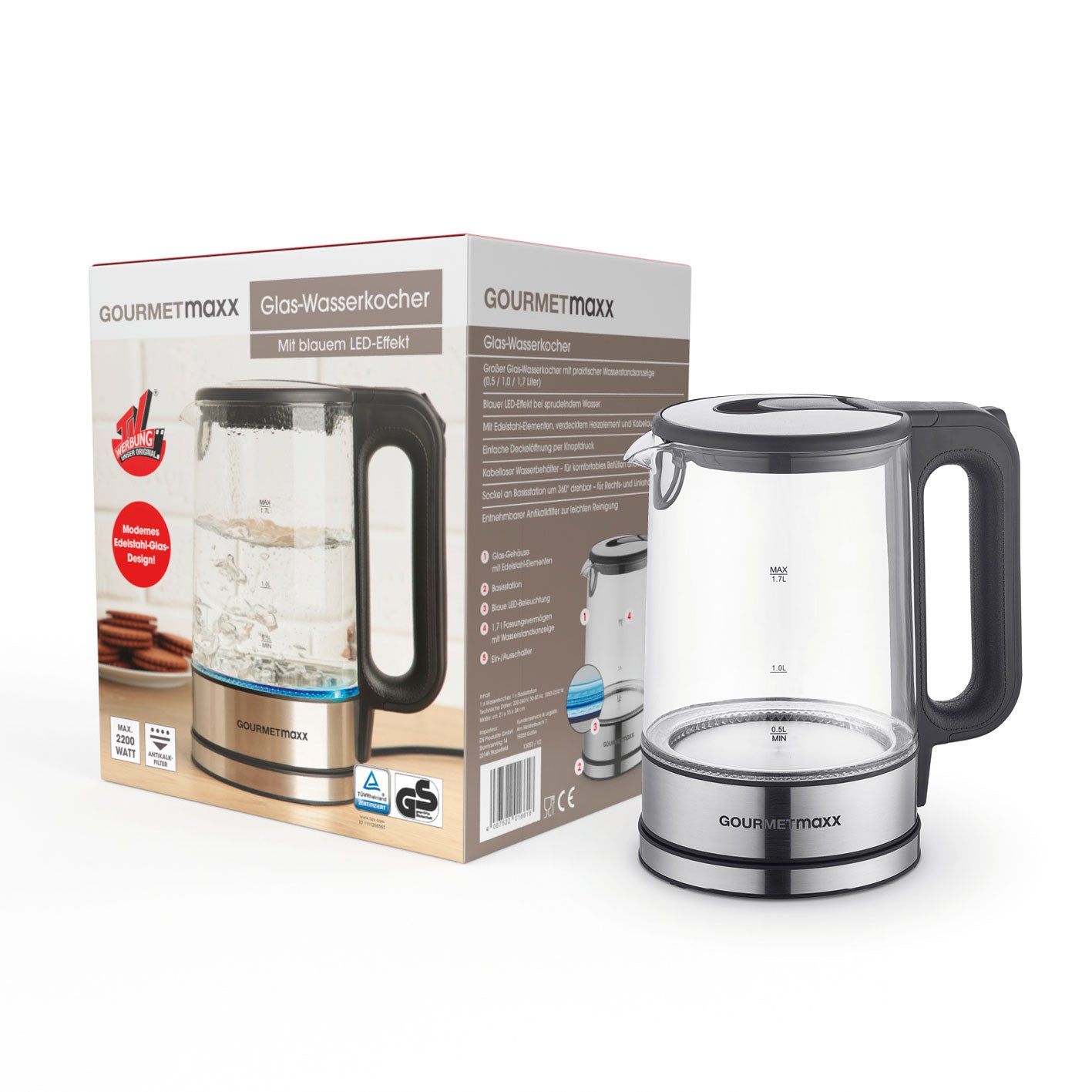 Glas-Wasserkocher LED 1,7l mit Edelstahl und schwarz, kabelloser Wasserbehälter, 360° Sockel, Antikalkfilter, Wasserstandsanzeige.