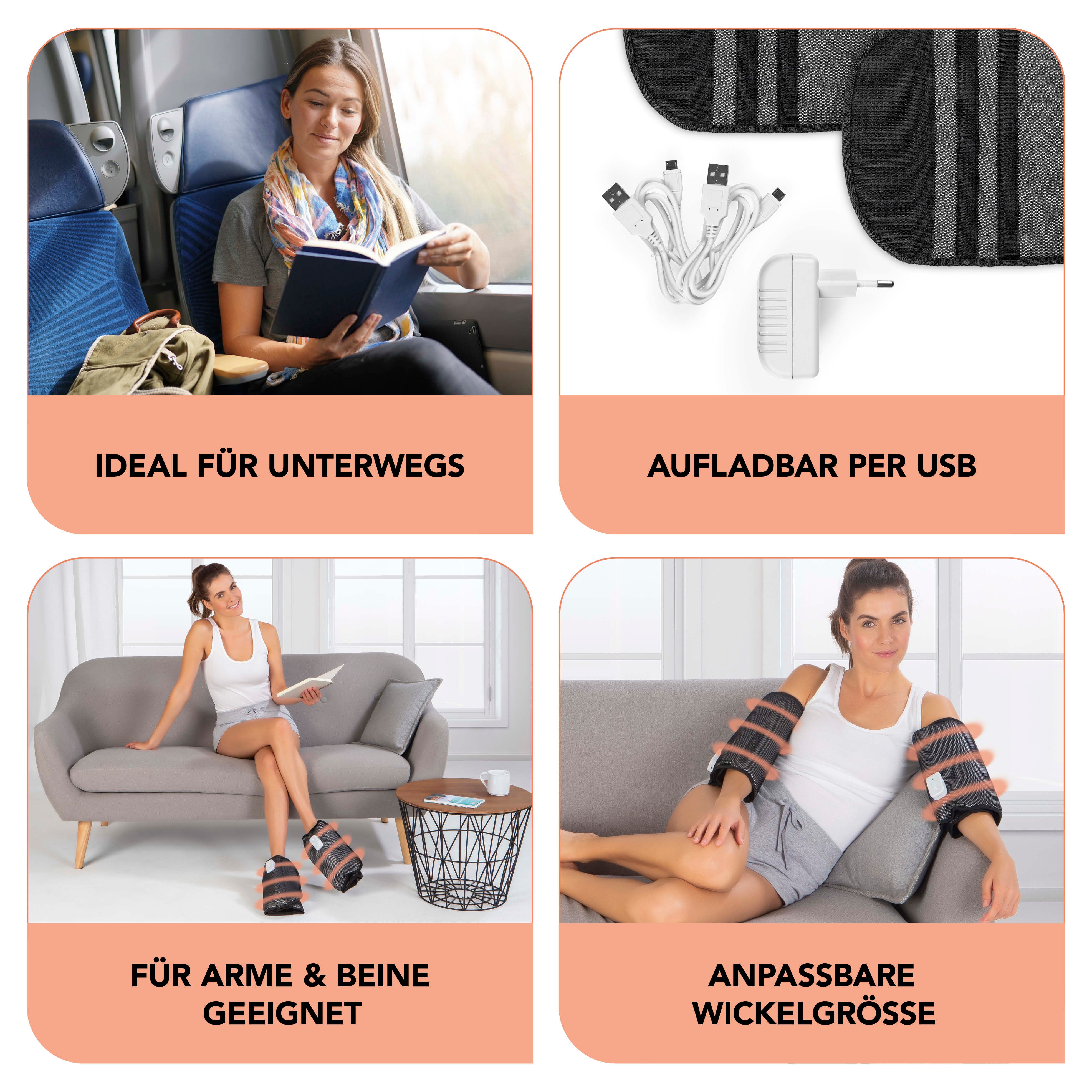 Venen-Massagegerät mit Wärmefunktion - 2 Intensitätsstufen, ideales Luftkompressionsgerät für Arme und Beine unterwegs und zuhause.