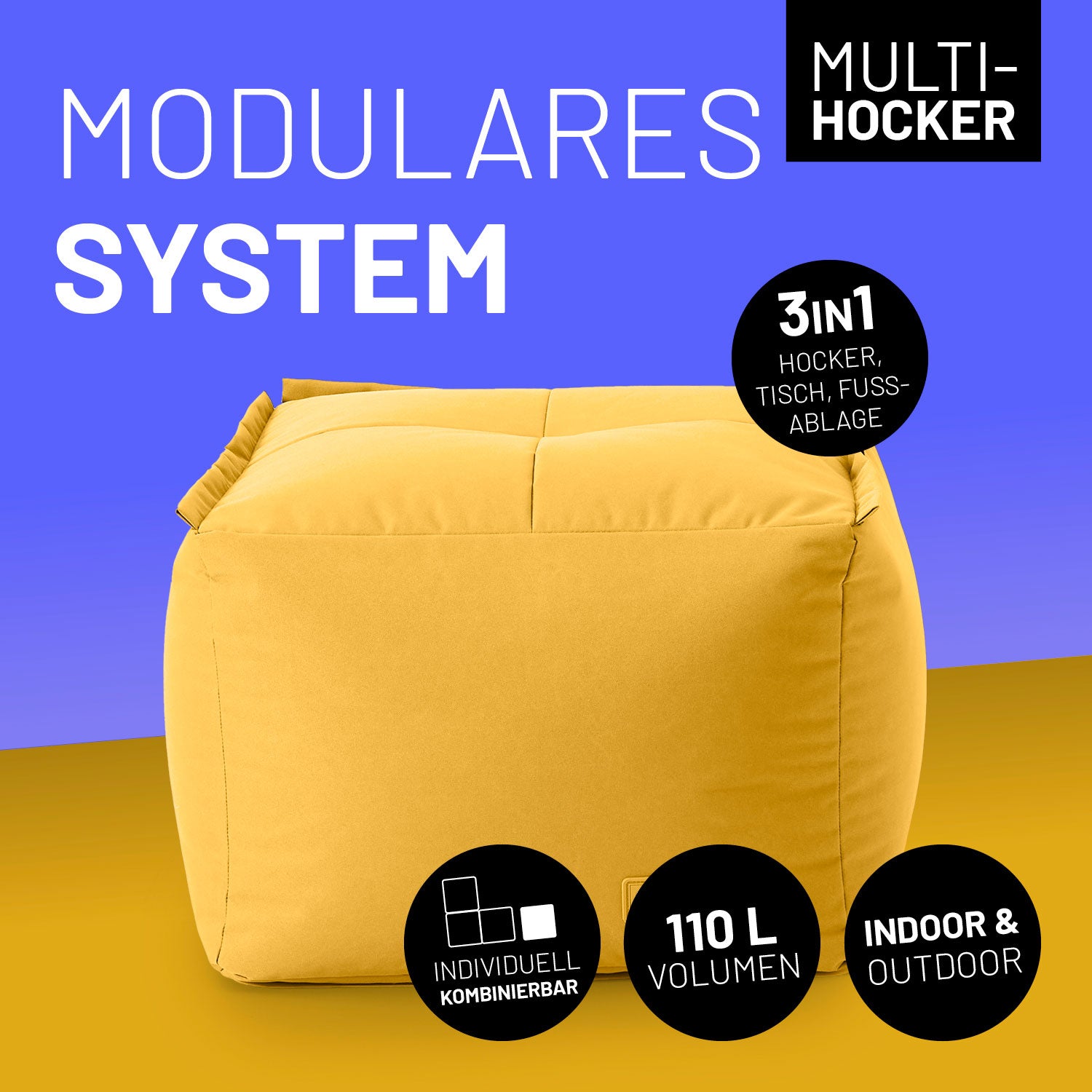 Sitzsack-Hocker (200 L) - Modulares System - indoor & outdoor - Senfgelb als vielseitiger 3-in-1 Hocker, Tisch und Fußablage.