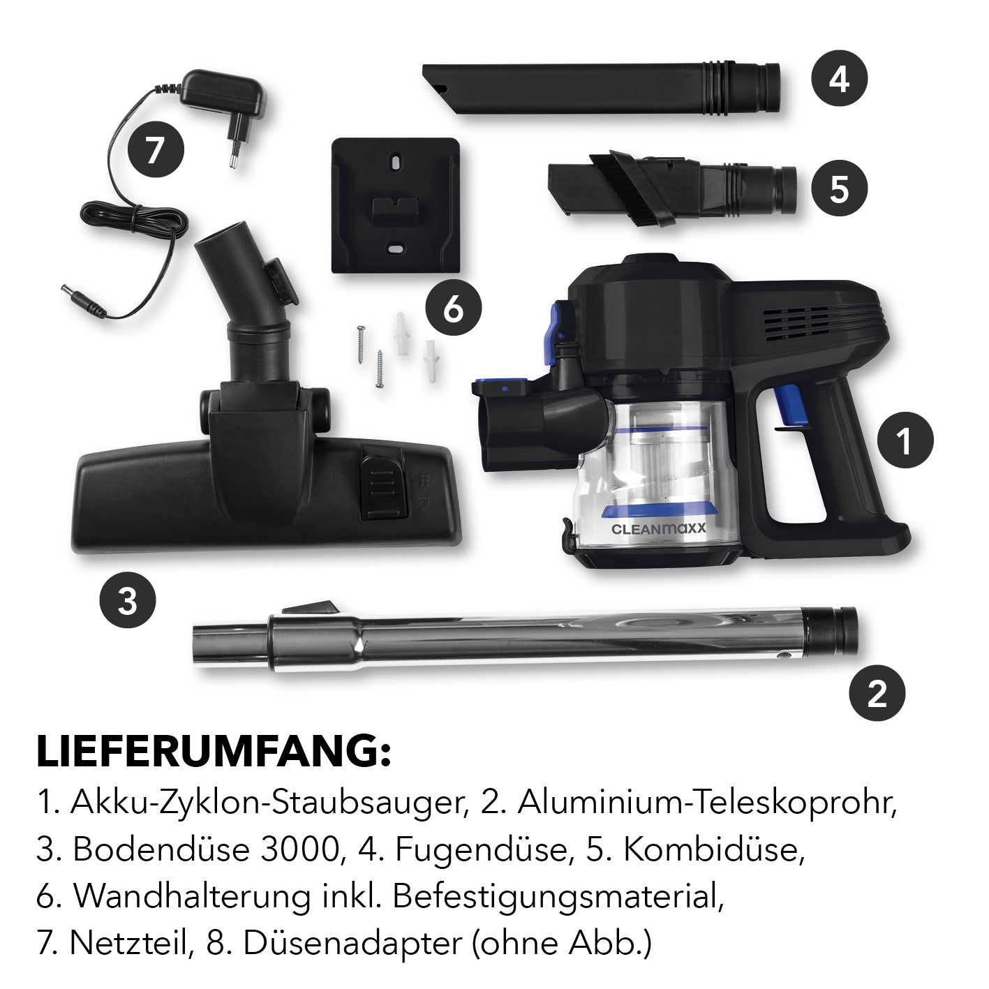 Zyklon-Staubsauger - schwarz/blau mit Akku, Teleskoprohr, Bodendüse, Fugendüse, Kombidüse und Wandhalterung.