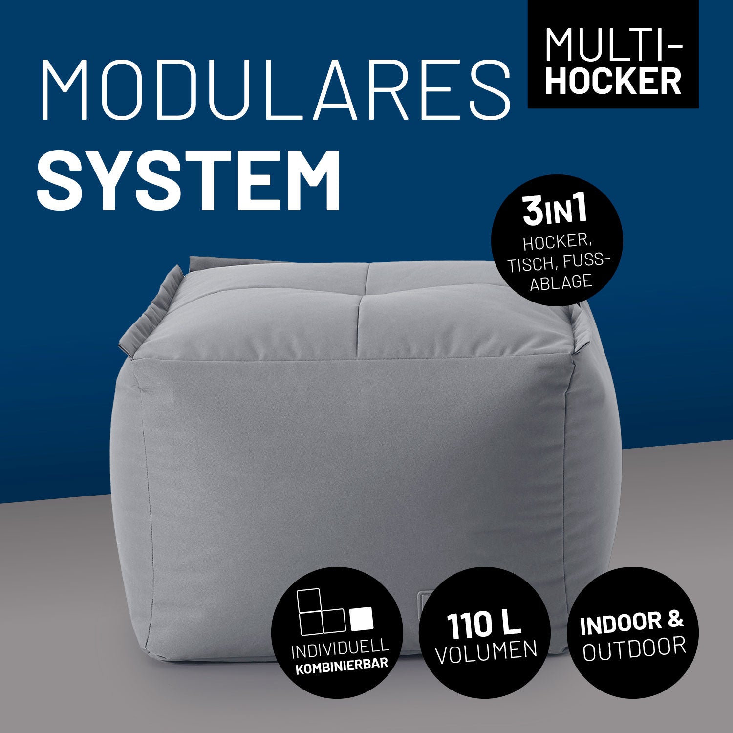 Sitzsack-Hocker (200 L) grau, modulares System, 3-in-1 Funktion, indoor & outdoor, robust, mit verdeckten Reißverschlüssen, pflegeleicht.