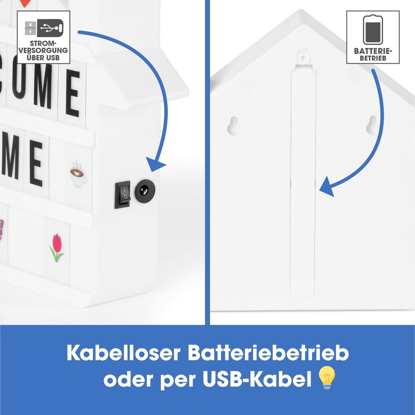 LED-Leuchtkasten Haus - 173 Buchstaben & 150 Moodjis mit kabellosem Batteriebetrieb oder USB-Kabel für individuelle Botschaften.