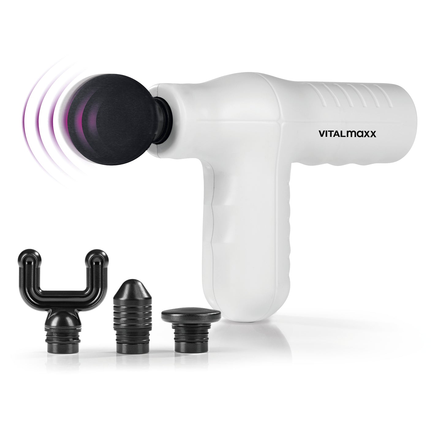 Mini Massage Gun Smart Grip - Weiß mit 4 Aufsätzen, ergonomisch, 5 Stufen, Lithium-Ionen-Akku für intensive Massage und schnelle Regeneration.