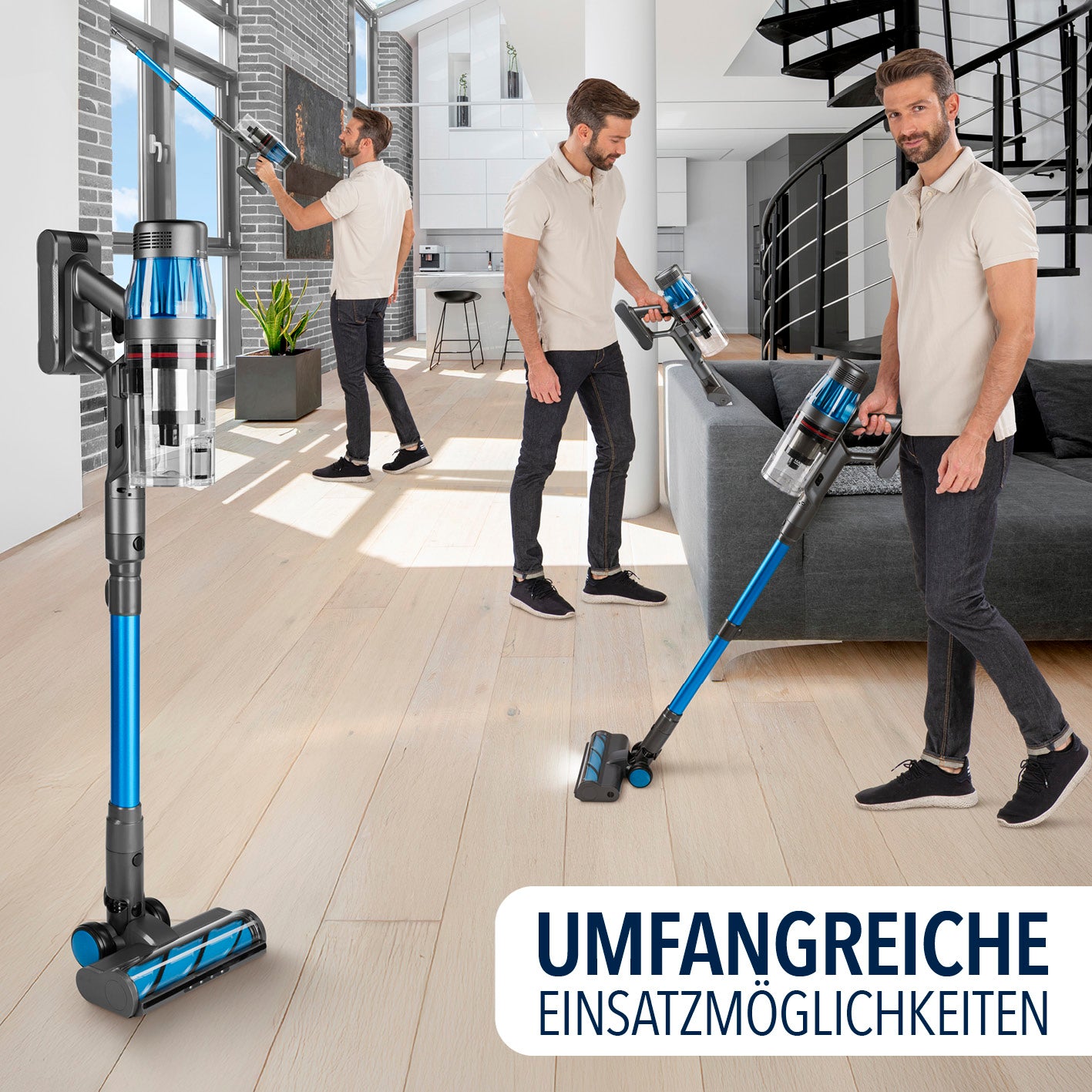 AeroTech 500 Staubsauger mit Absaugstation – Grau-Blau, kabellos, mit tiefenreinigendem Milbenaufsatz und LED-Touchdisplay in modernem Wohnraum.