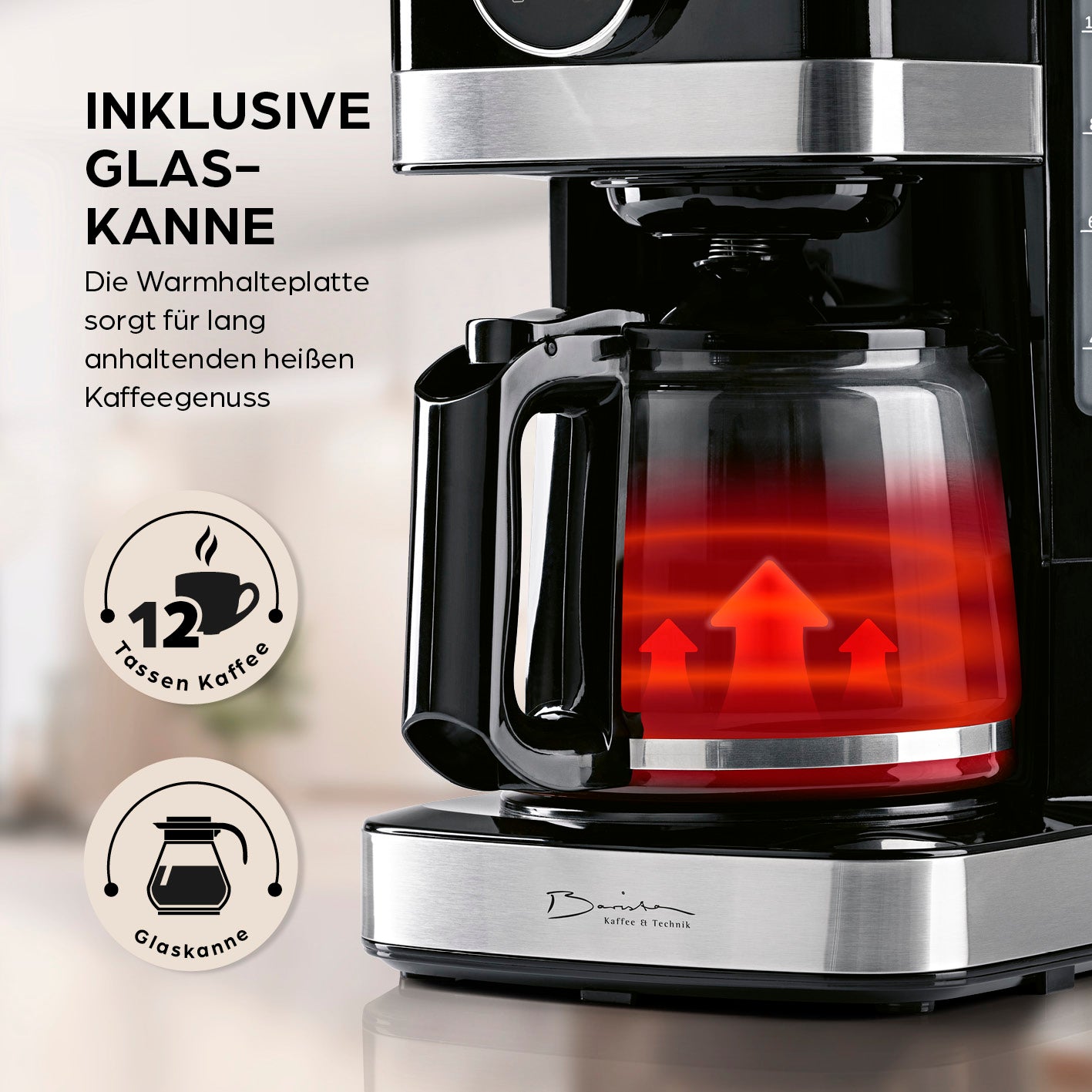 Filterkaffeemaschine Touch mit Glaskanne und Warmhalteplatte für bis zu 12 Tassen heißen Kaffee genießen.