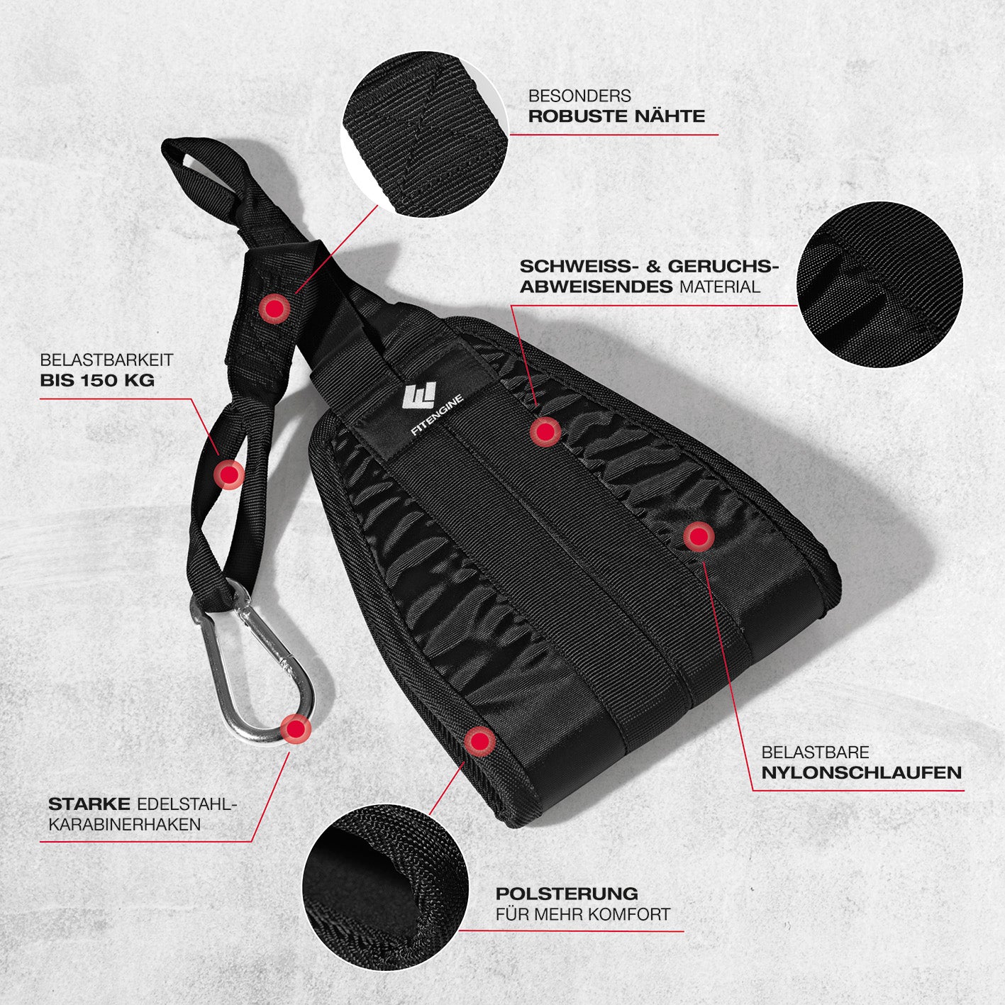 Bauchtrainingsschlaufen mit Karabinerhaken, gepolstert, robust, schweißabweisend, bis 150 kg belastbar für effektives Bauchmuskeltraining.