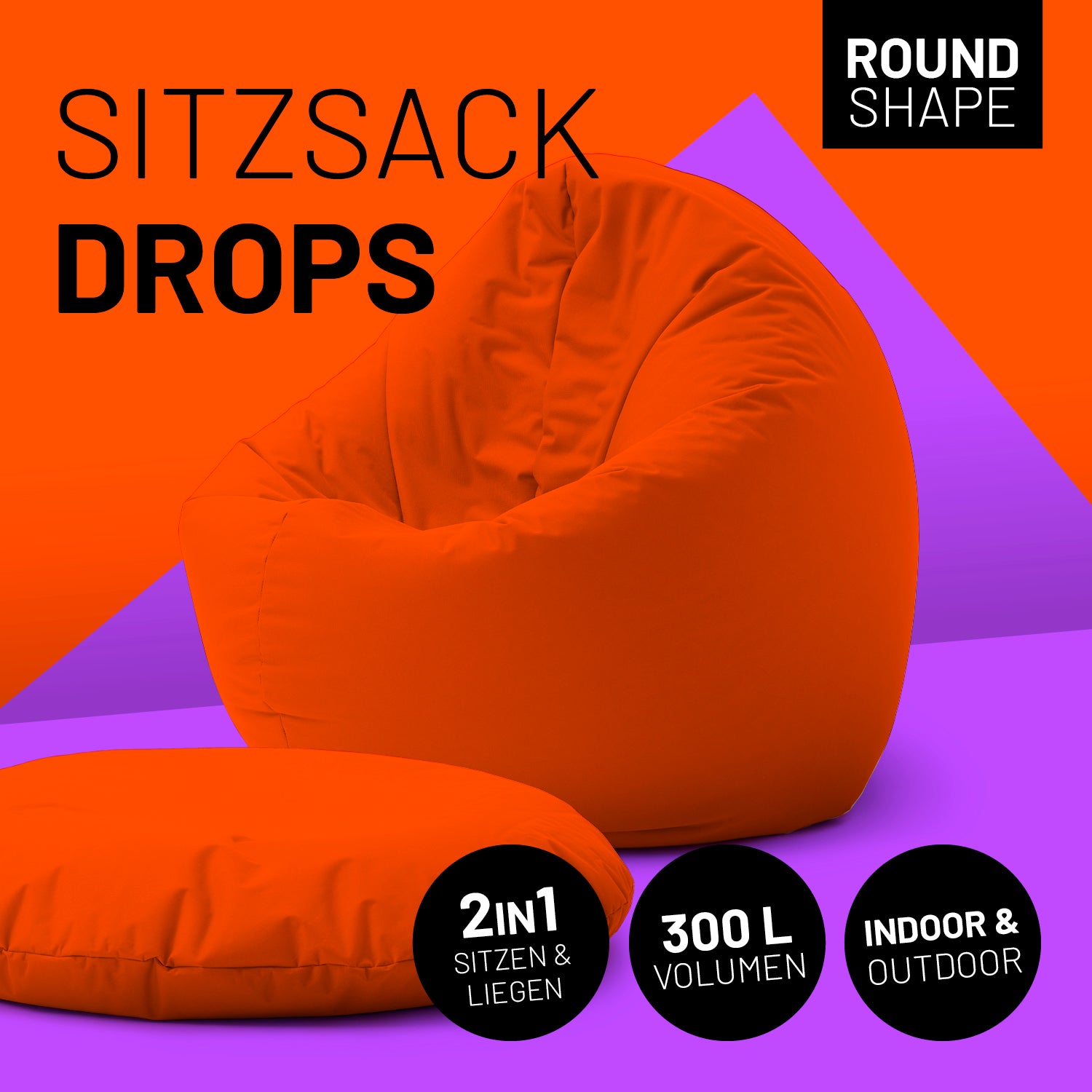 Sitzsack Drops (300 L) in Orange, für drinnen & draußen, leicht, langlebig mit verdecktem Reißverschluss und EPS-Perlenfüllung.