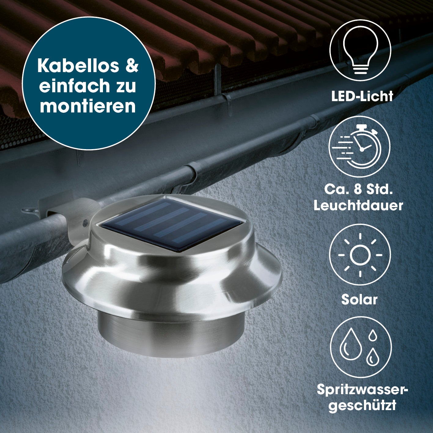 Solar Dachrinnenleuchten in Edelstahl, 3er-Set