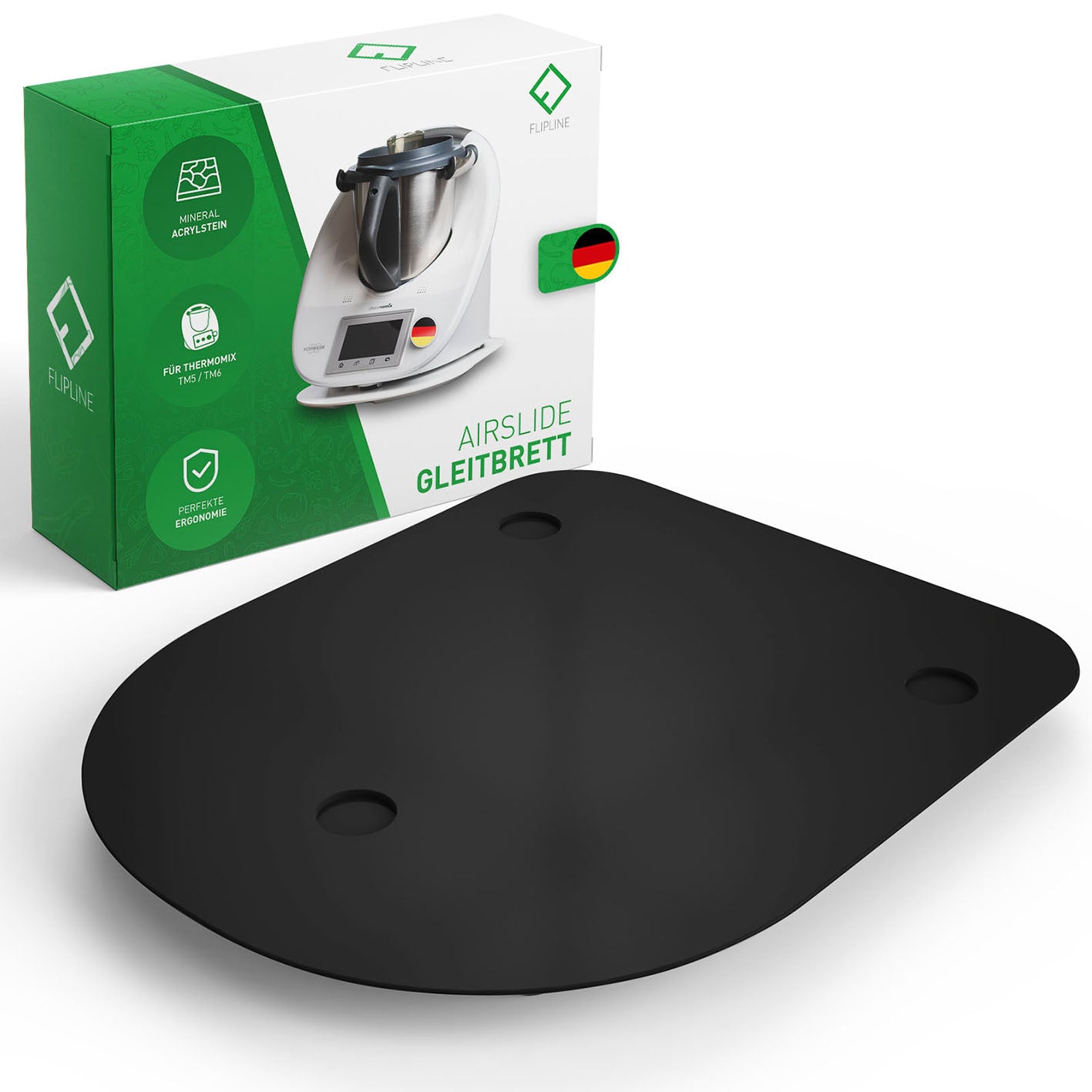 Gleitbrett für Thermomix - Schwarz aus robustem Mineral-Acrylstein mit Teflon-Gleitern für müheloses Verschieben und sicheren Stand.