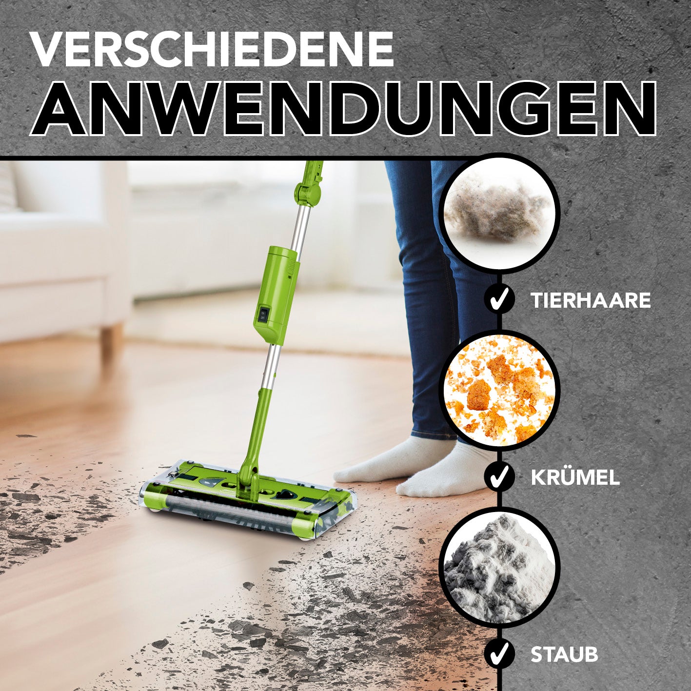 Akku-Besen Swivel Sweeper G2 + Ersatz-Akku limegreen entfernt mühelos Tierhaare, Krümel und Staub auf Hartböden kabellos.