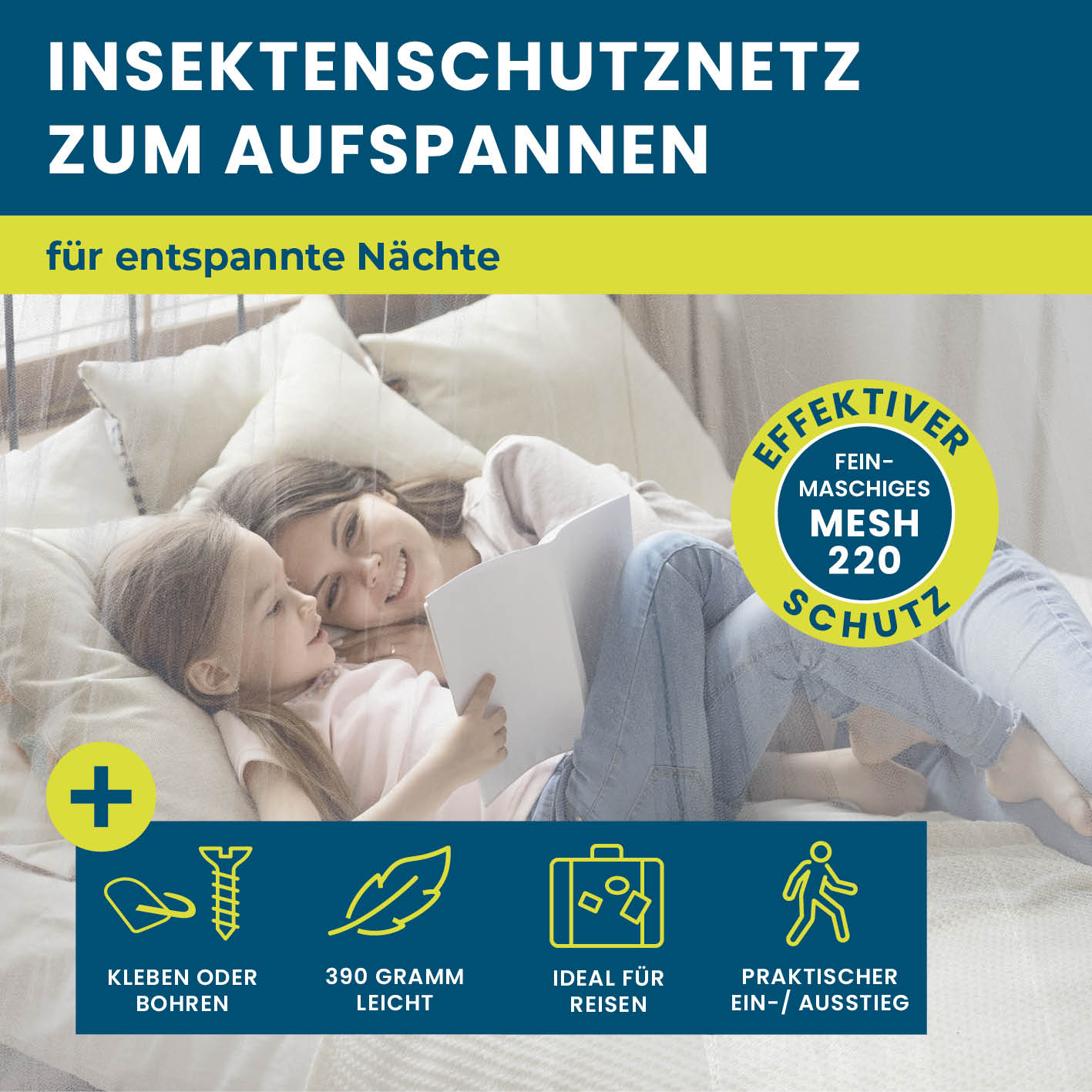 Insekten-Baldachin von HOBERG als großer, flexibler Insektenschutz fürs Bett mit bequemem Einstieg und ideal für Reisen.