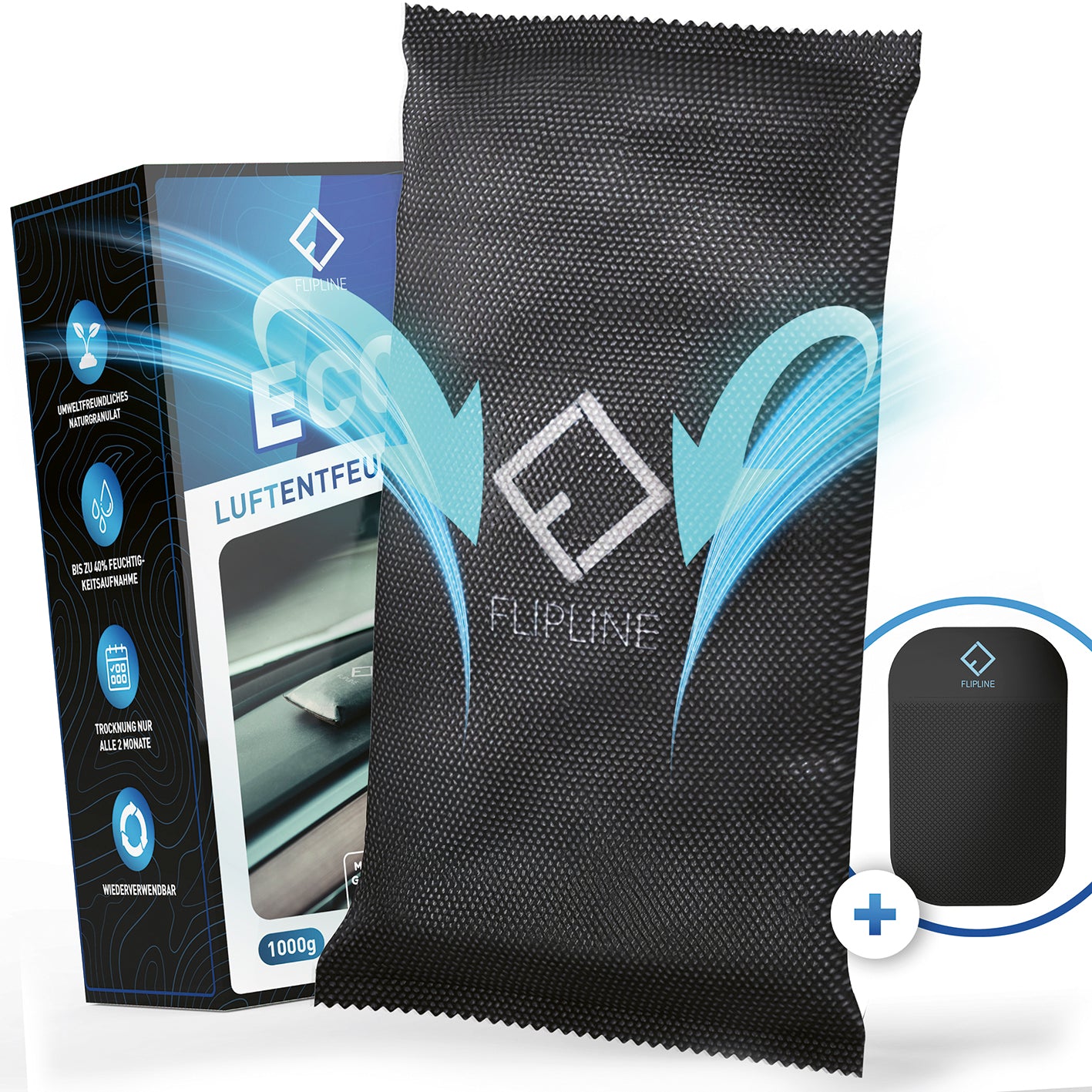 Auto-Luftentfeuchter - 1 kg mit organischem Tongranulat, verhindert Kondenswasser und Schimmel, wiederverwendbar, mit Antirutsch-Pad.