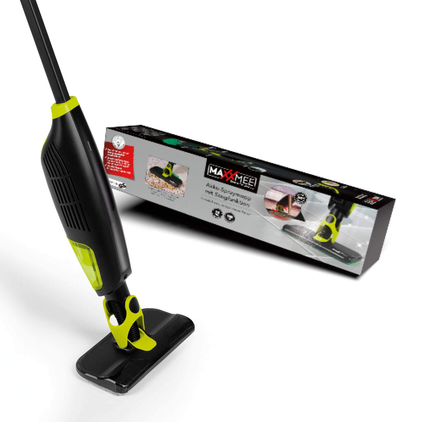 Wischmopp mit Saugfunktion - 180 ml Wassertank - grün/schwarz, kabellos mit Sprüh- und Saugsteuerung am Griff, inkl. Mikrofasertücher.