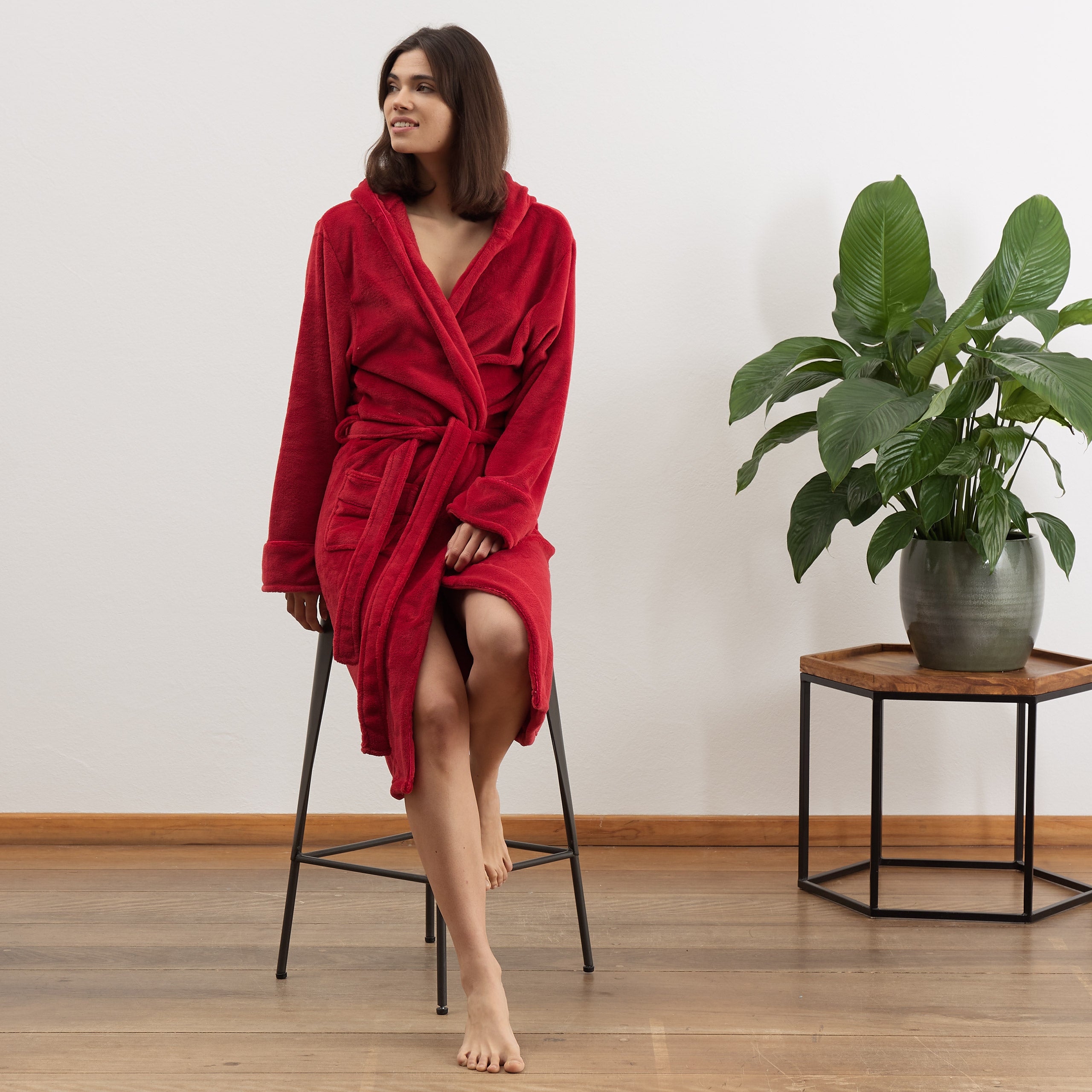 Luxury Mikrofaser Bademantel mit Kapuze für Damen und Herren - Rot - Größe XXL