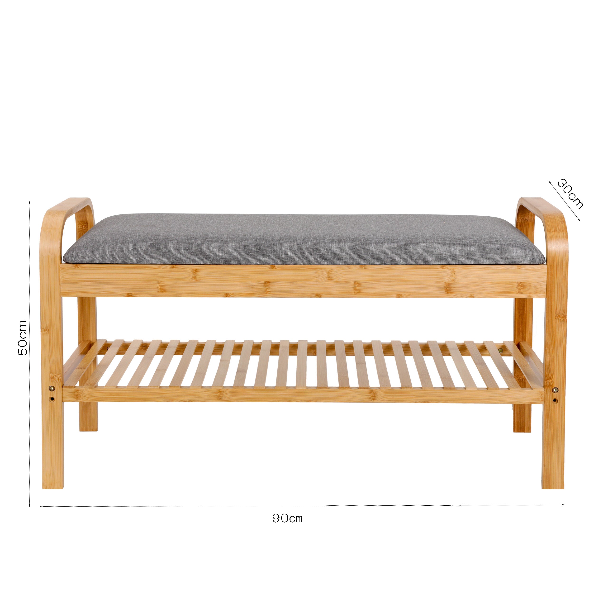 Schuhregal aus Bambus mit Sitzbank - 90 x 50 x 30 cm - Grau, platzsparend, mit grauem Sitzkissen und stabiler Ablagefläche.