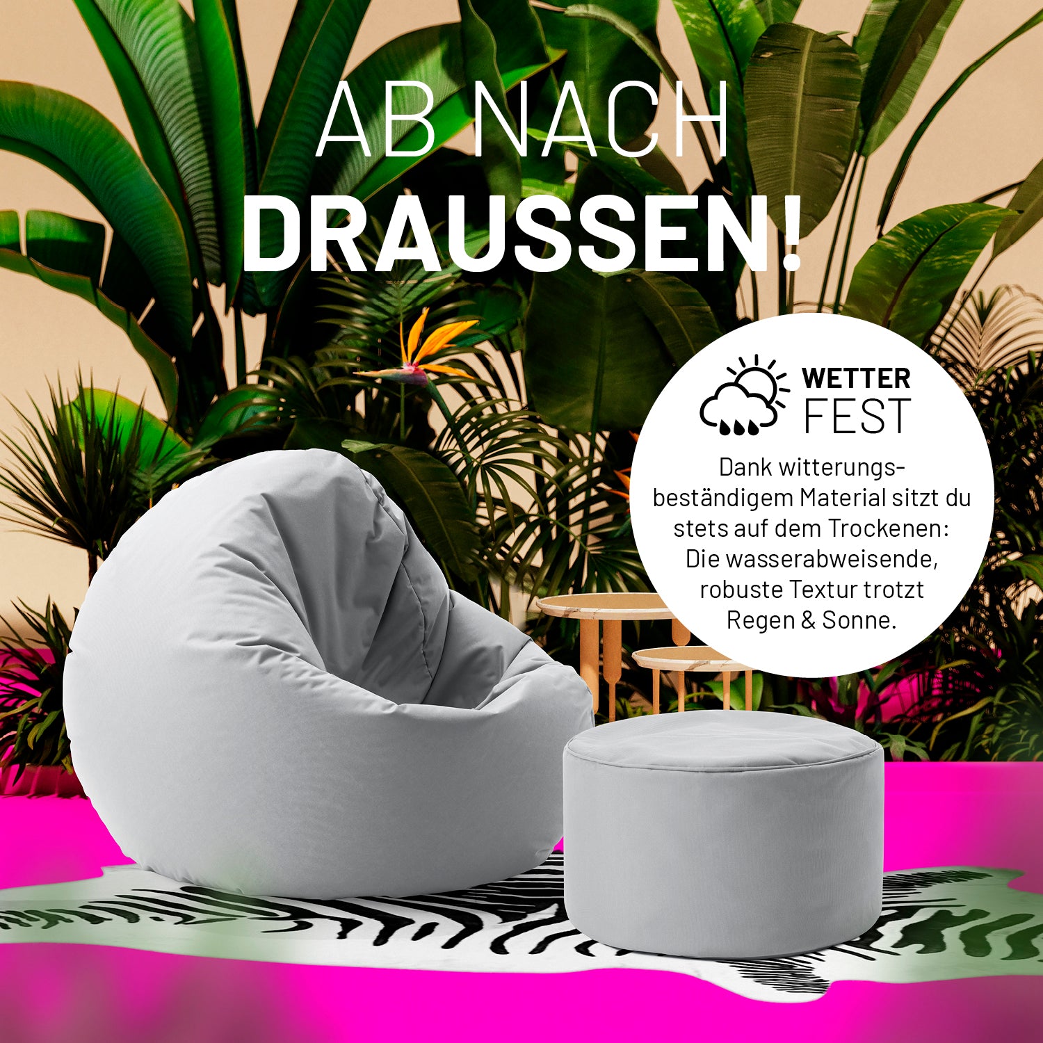 Sitzsack-Hocker/Pouf (50 L) - indoor & outdoor - Silbergrau mit wetterfestem Material, wasserabweisend und robust für drinnen und draußen.