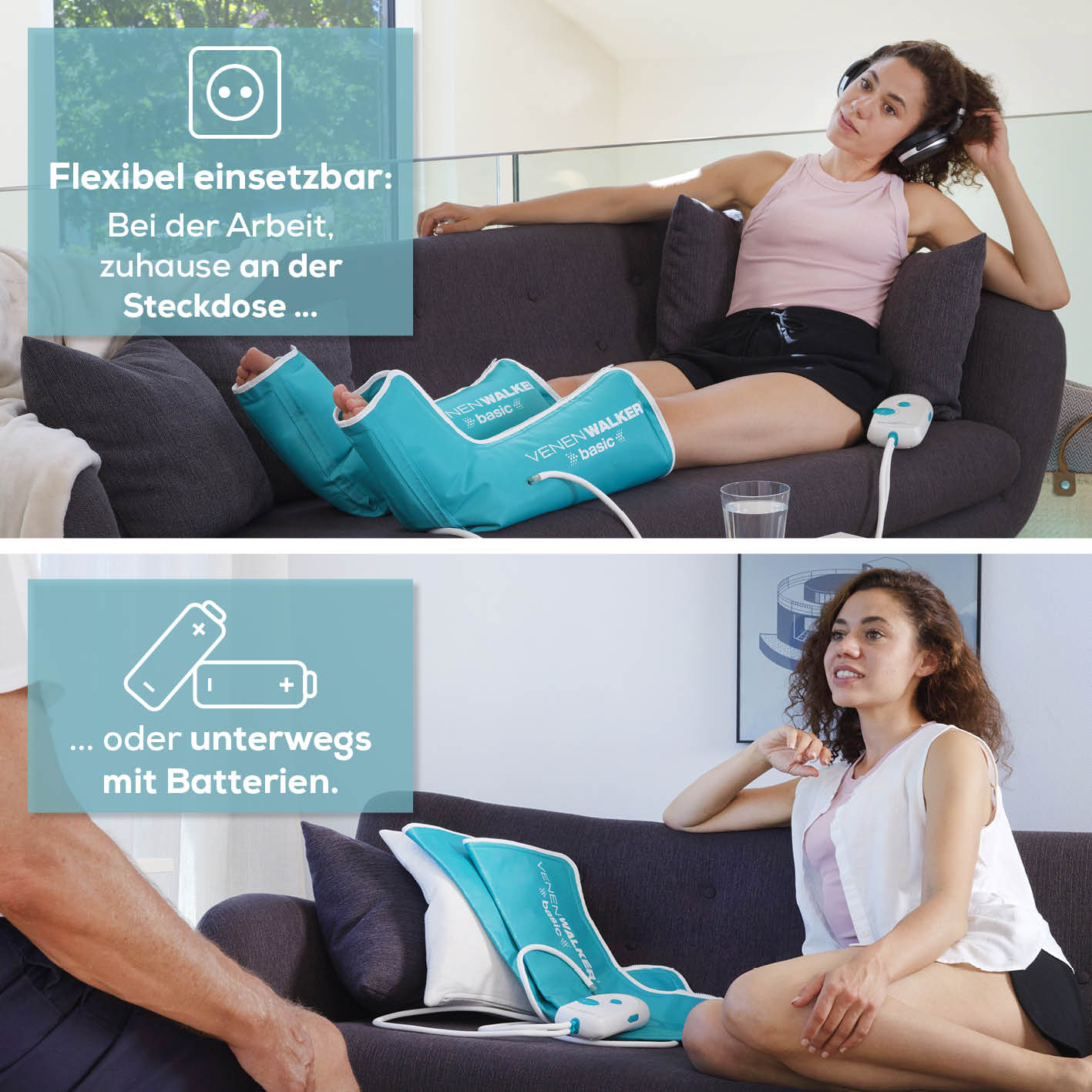 Therapiegerät VenenWalker Basic - Medizinprodukt zur venösen Kompression und Entstauung bei Beinbeschwerden flexibel zuhause oder unterwegs.