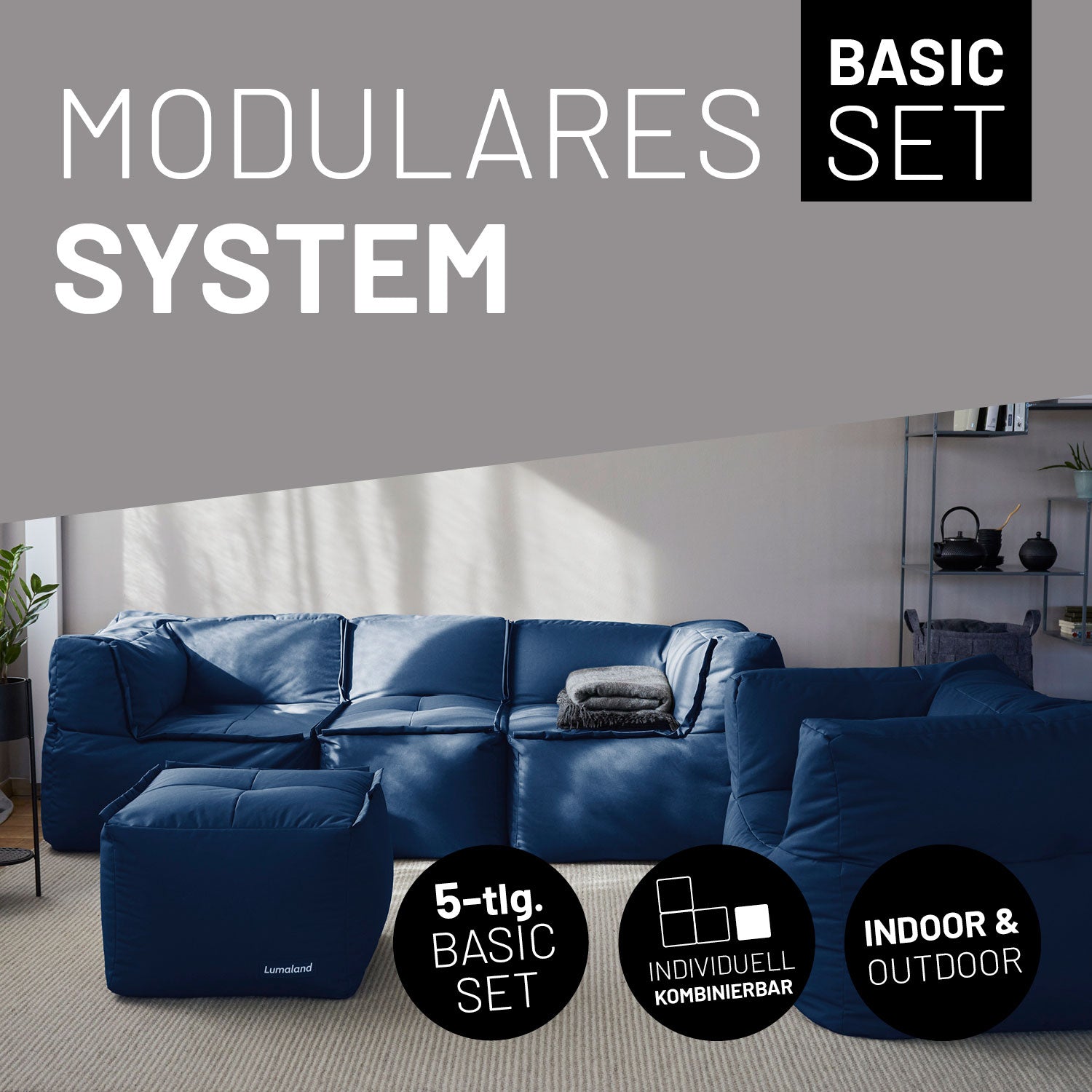 Basic Set (5-tlg.) - Modulares System - navyblaues 5-teiliges Sofa-Set für In- & Outdoor mit extrastarkem Material und Reißverschluss-Verbindung.