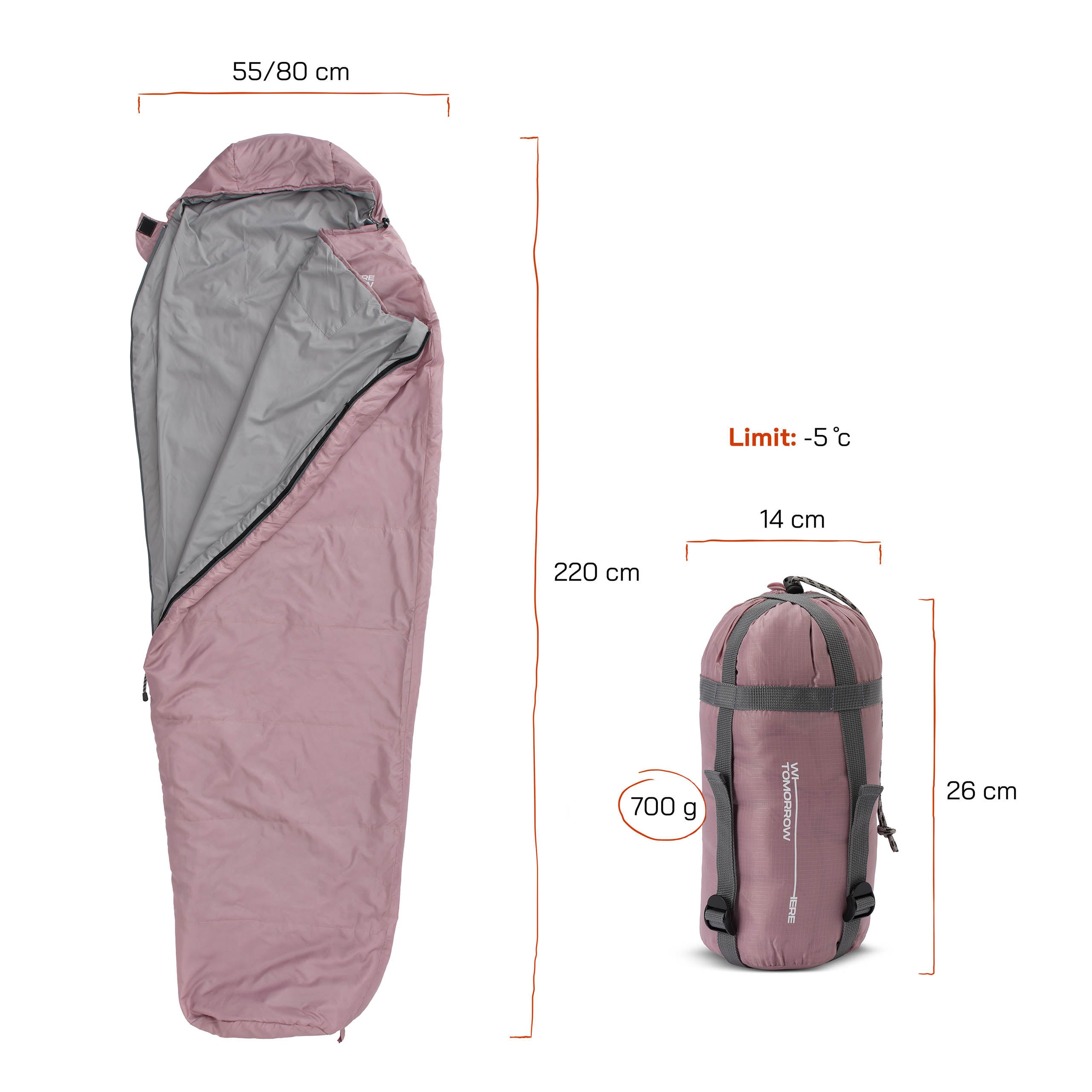 Camping Schlafsack Small & Light - Mumienschlafsack in Rose, wasserabweisend, 220x80x50 cm, mit Packsack und Kissenfach, bis -5 °C geeignet.