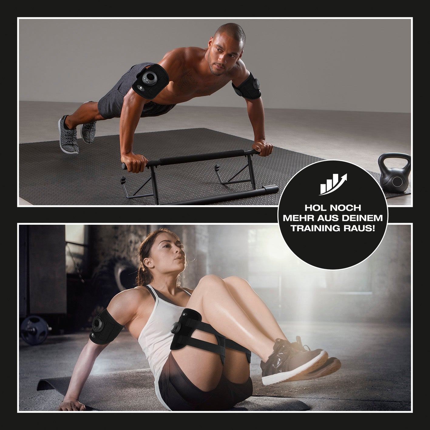 EMS Arm- und Bein-Manschetten - Trainieren mit Elektrischer Muskelstimulation in schwarz, getragen von Mann und Frau beim Workout.