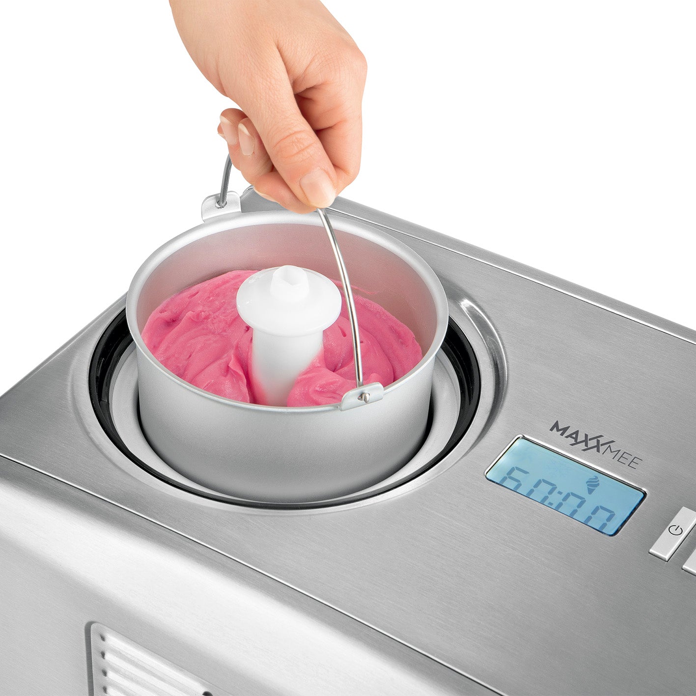 Eismaschine - Zubereitung von bis zu 1,5 l Milcheis in Edelstahl mit digitalem Timer und LCD-Display, einfache Handhabung.