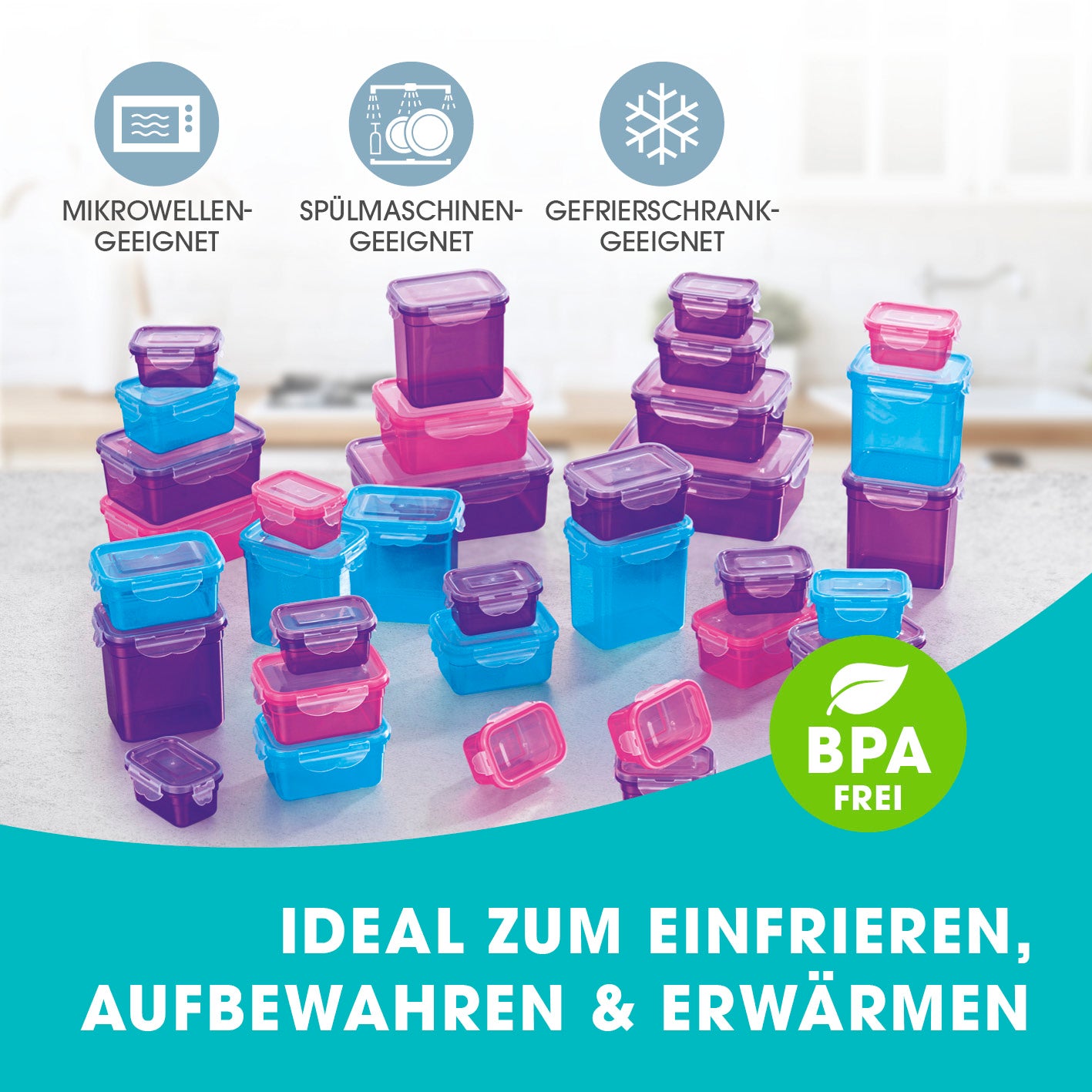 Frischhaltedosen Klick-it 72-tlg. in lila, pink, türkis, stapelbar, mikrowellen-, spülmaschinen- und gefrierschrankgeeignet, BPA-frei.